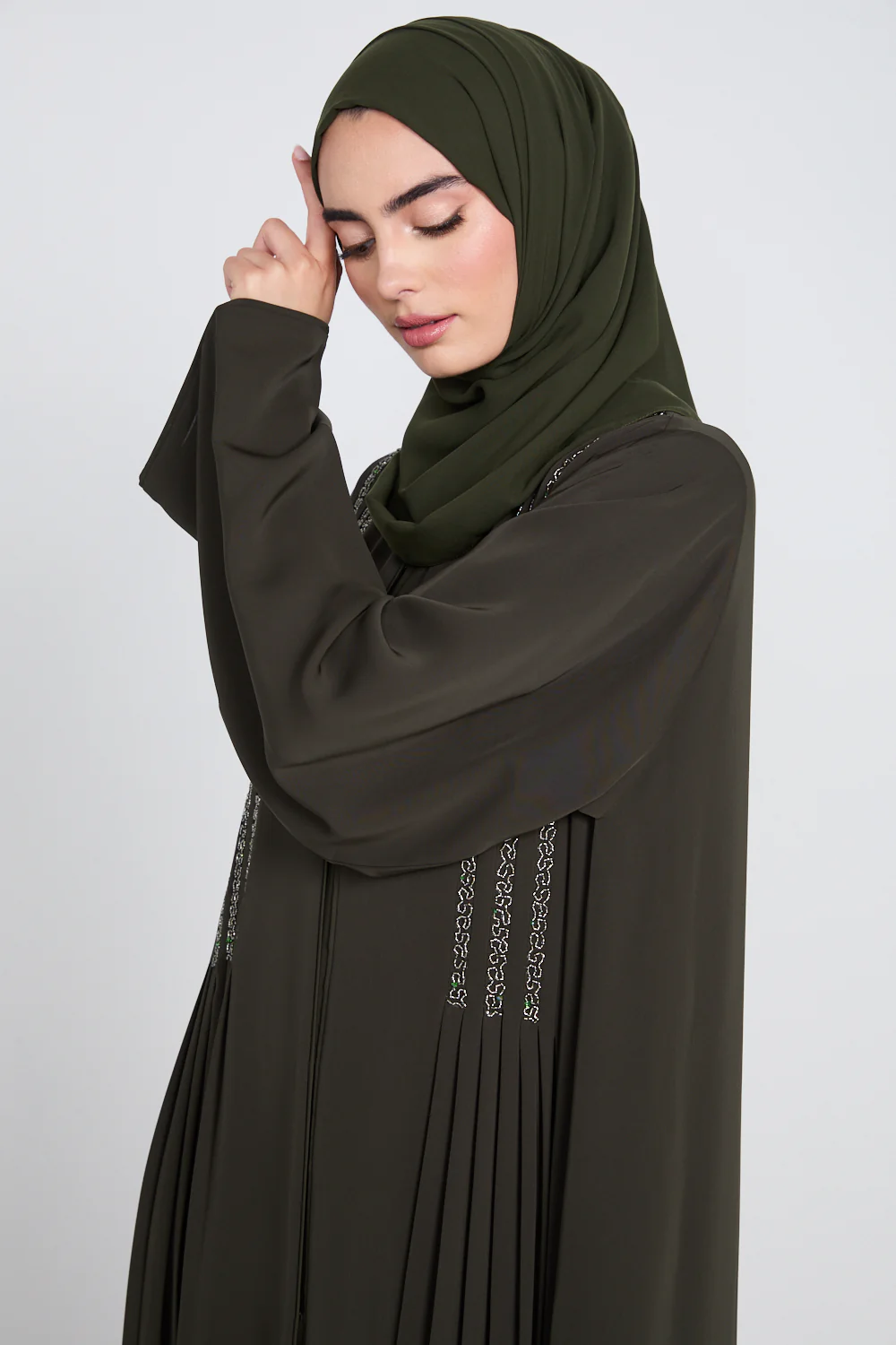 Luxury Dusky Olive Noir Pleated Embellished Open Abaya - Image 4