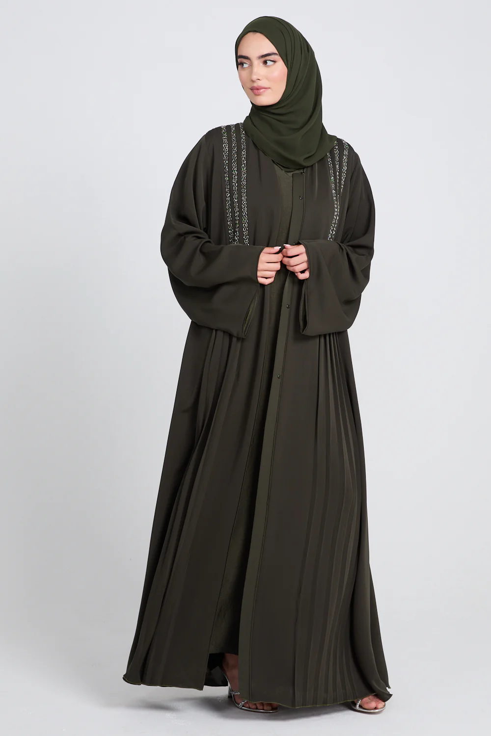 Luxury Dusky Olive Noir Pleated Embellished Open Abaya - Image 5
