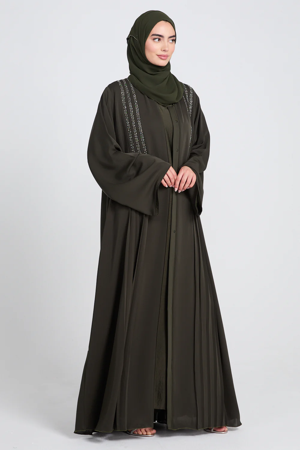 Luxury Dusky Olive Noir Pleated Embellished Open Abaya - Image 6