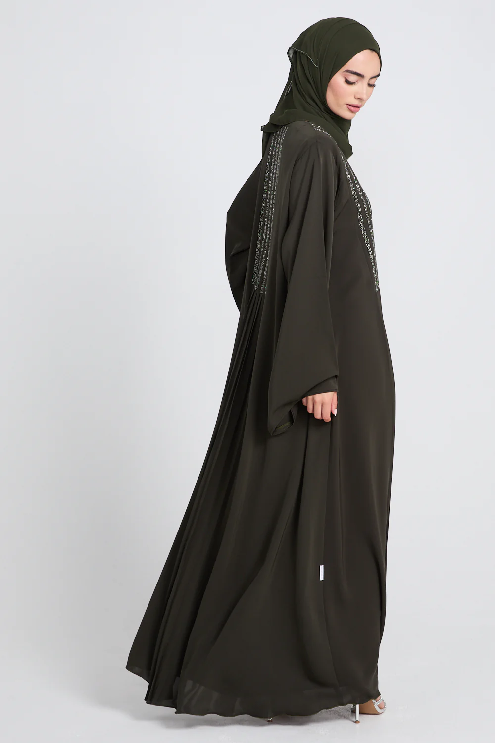 Luxury Dusky Olive Noir Pleated Embellished Open Abaya - Image 7