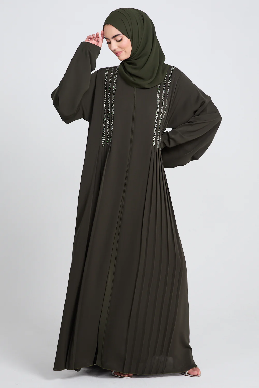 Luxury Dusky Olive Noir Pleated Embellished Open Abaya - Image 8