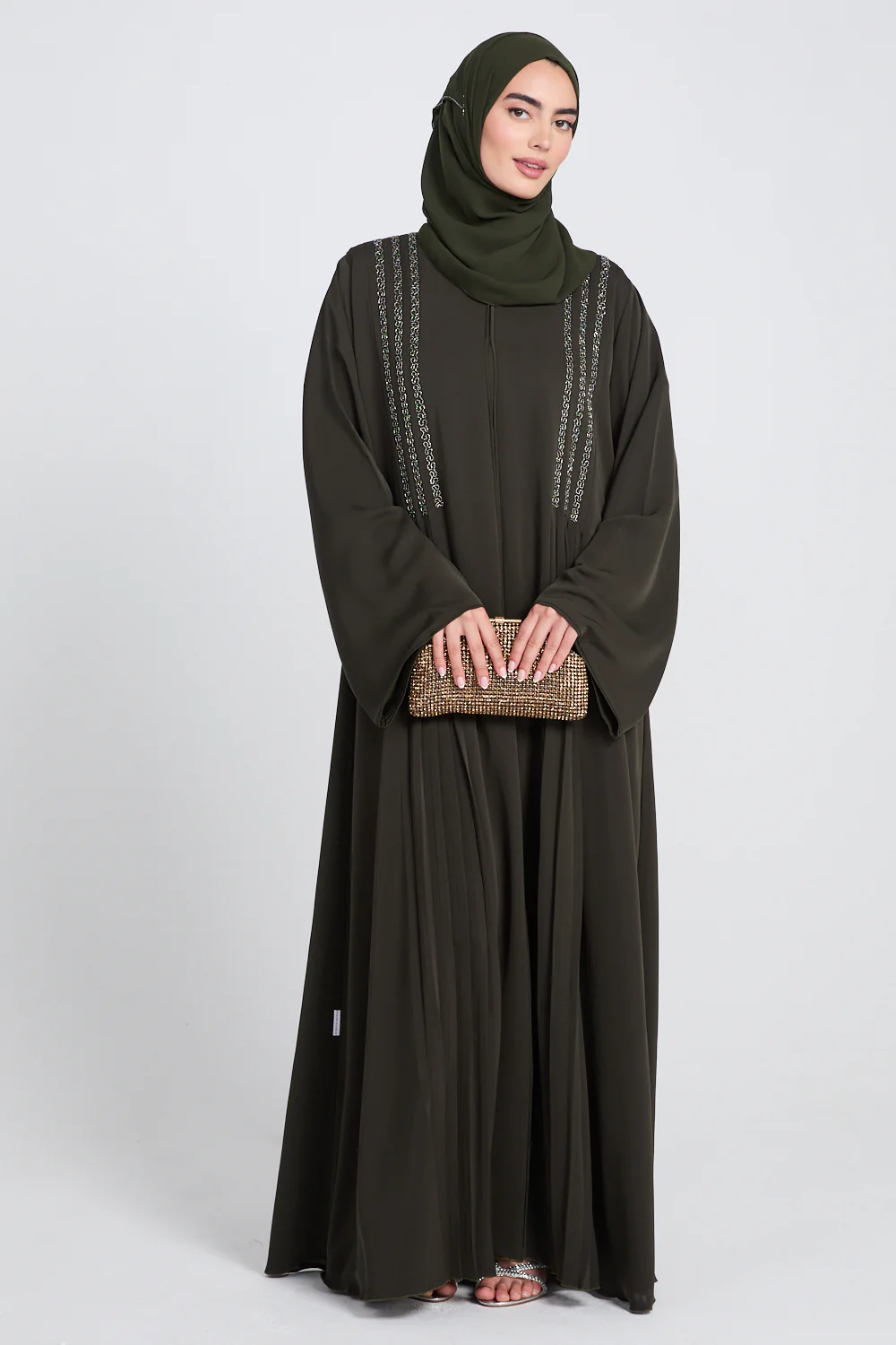 Luxury Dusky Olive Noir Pleated Embellished Open Abaya - Image 9