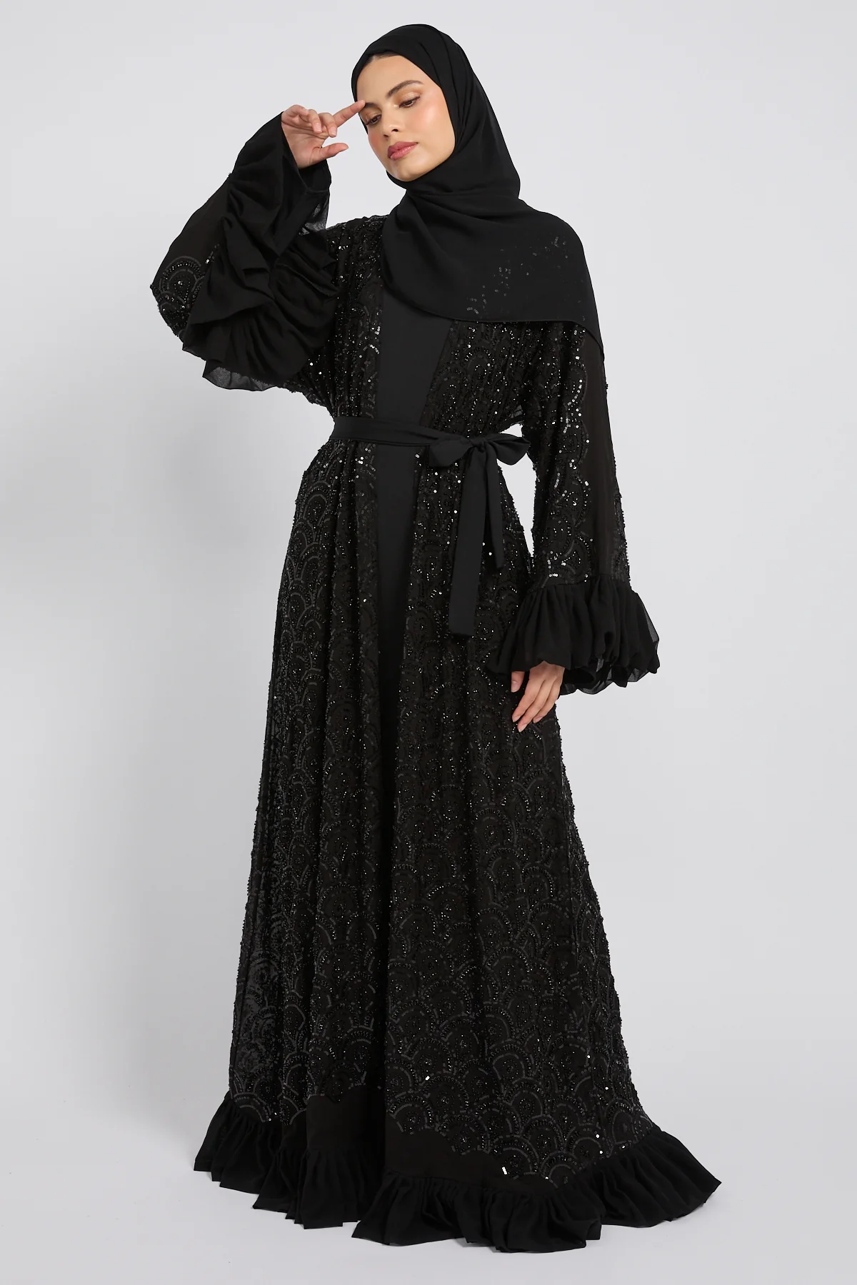 Luxury Eclipse Embellished Lace Four Piece Abaya Set
