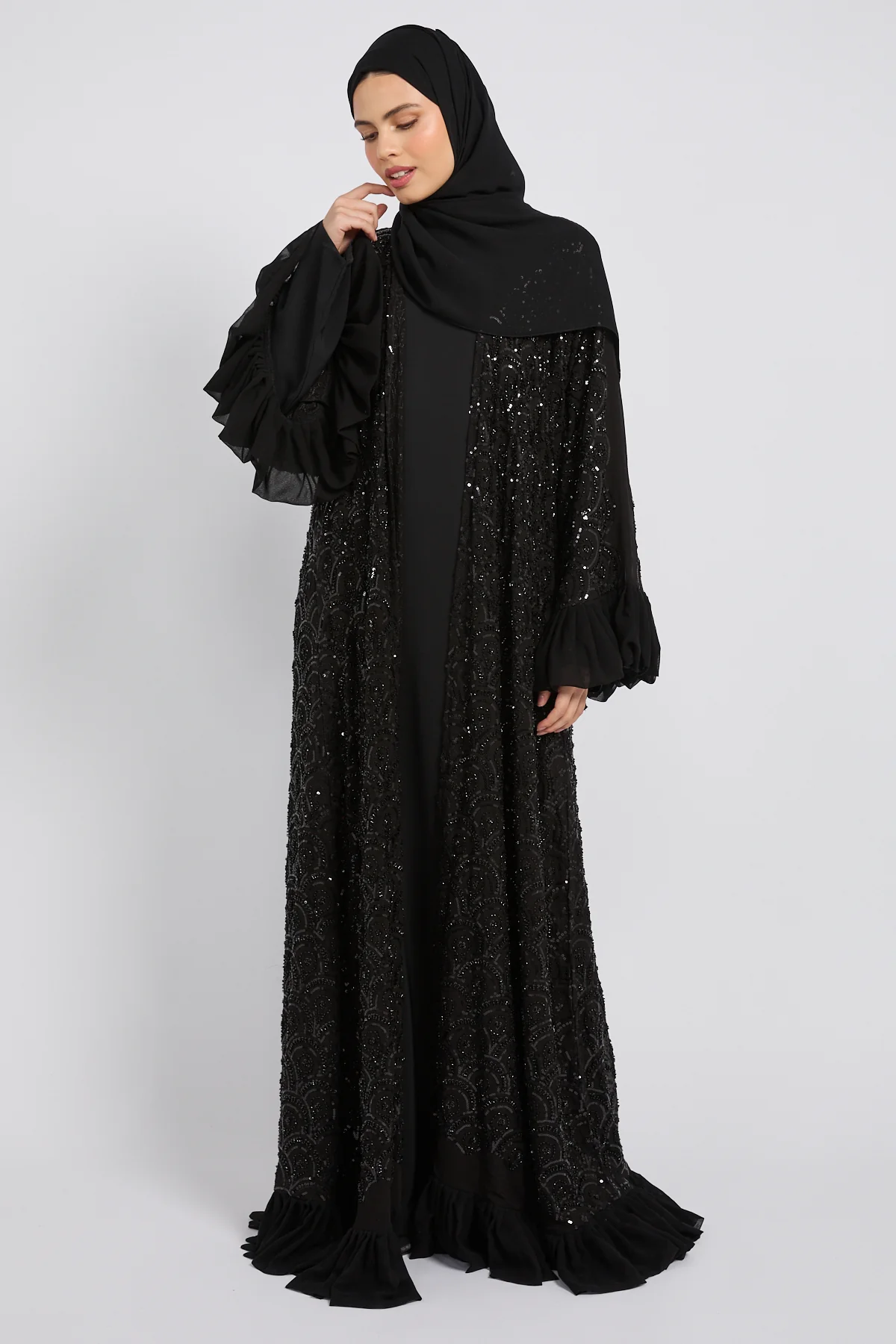 Luxury Eclipse Embellished Lace Four Piece Abaya Set - Image 4