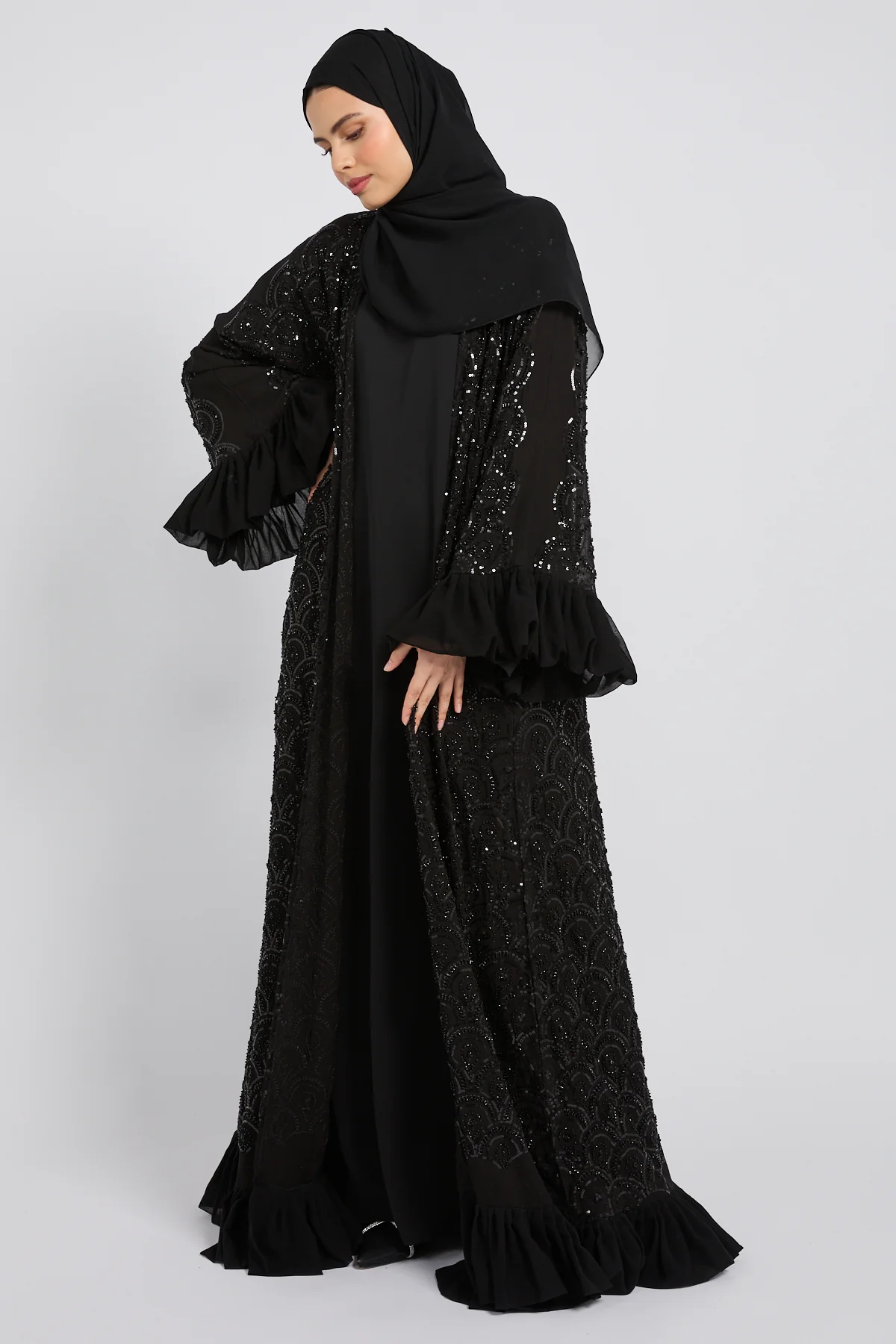 Luxury Eclipse Embellished Lace Four Piece Abaya Set - Image 6
