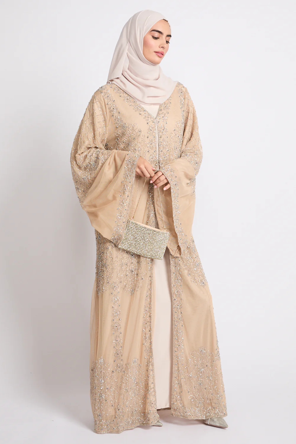 Luxury Elan Embellished Open Abaya – Champagne Sand