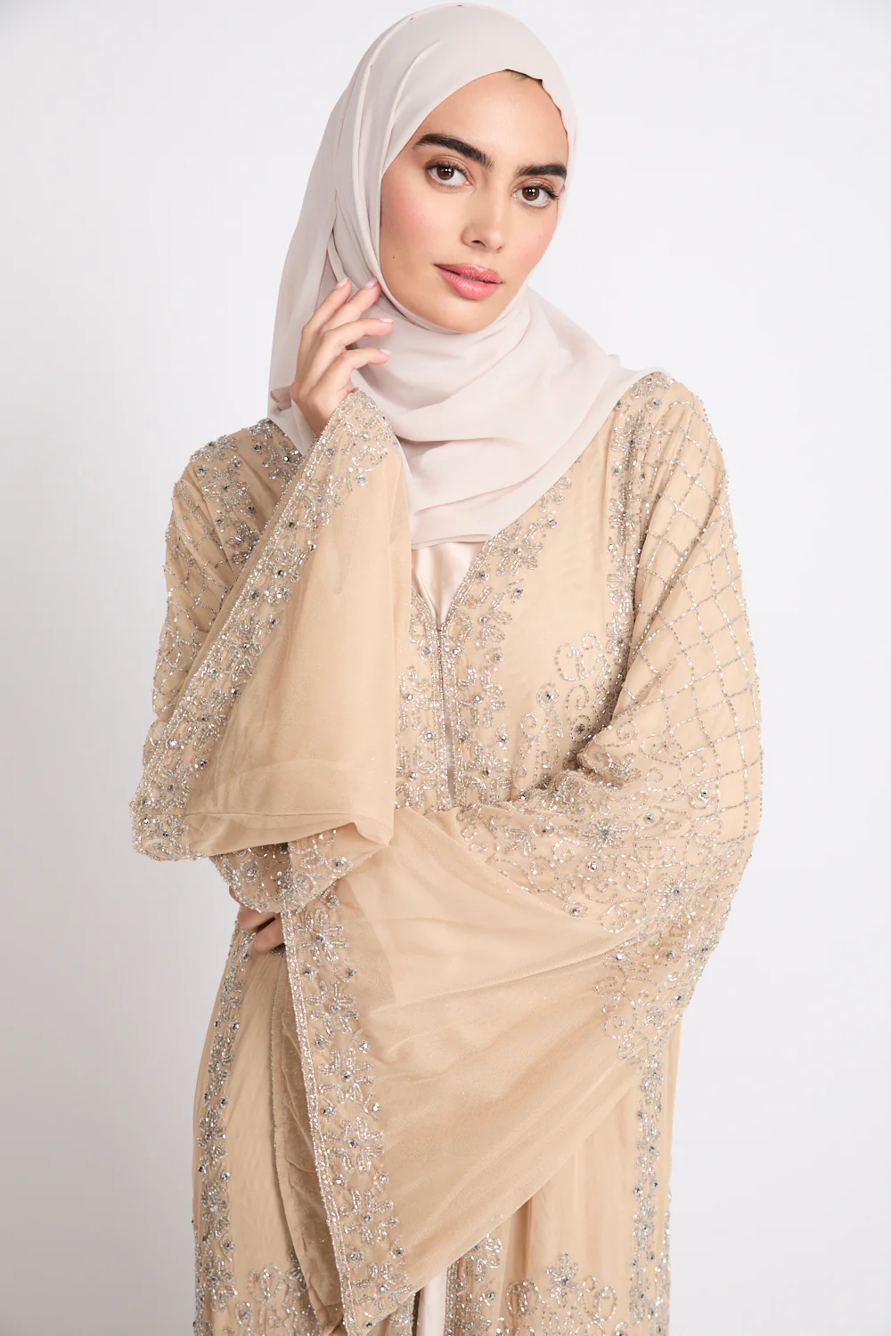 Luxury Elan Embellished Open Abaya – Champagne Sand - Image 2