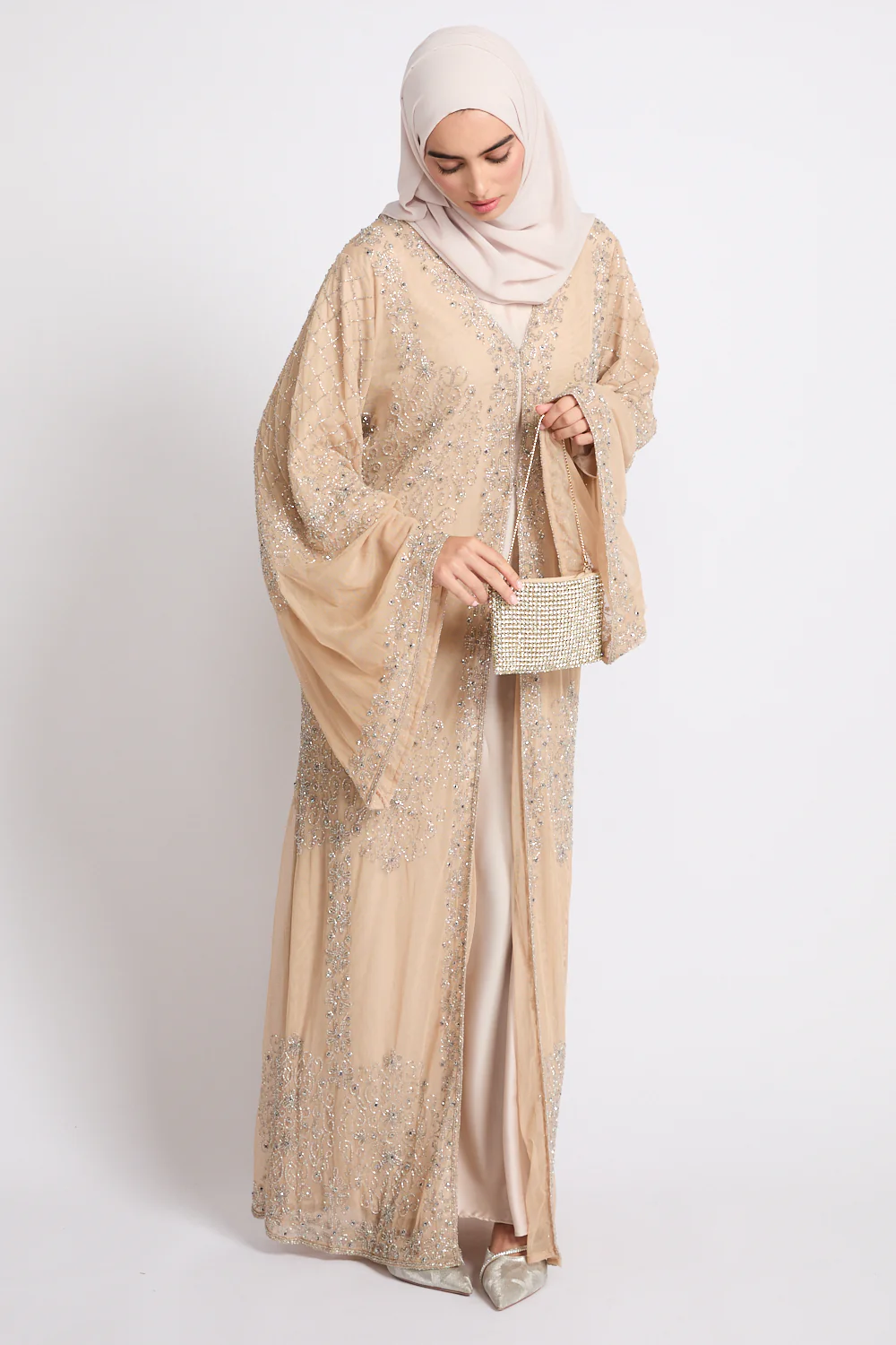 Luxury Elan Embellished Open Abaya – Champagne Sand - Image 7
