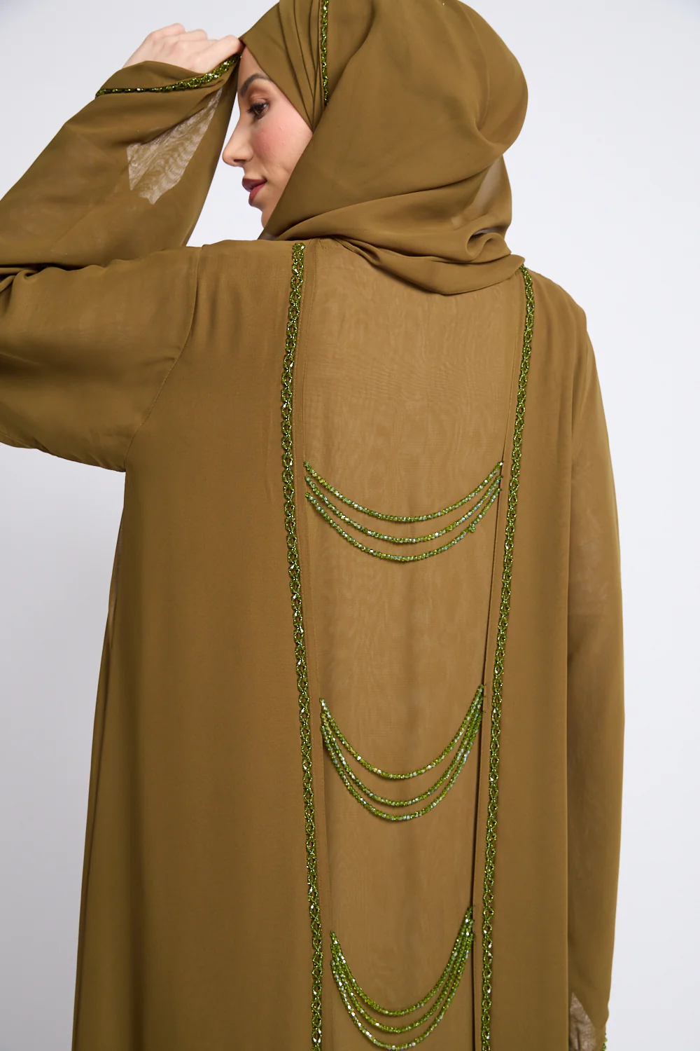 Luxury Embellished Chain Chiffon Layered Open Abaya - Bronzed Olive - Image 2