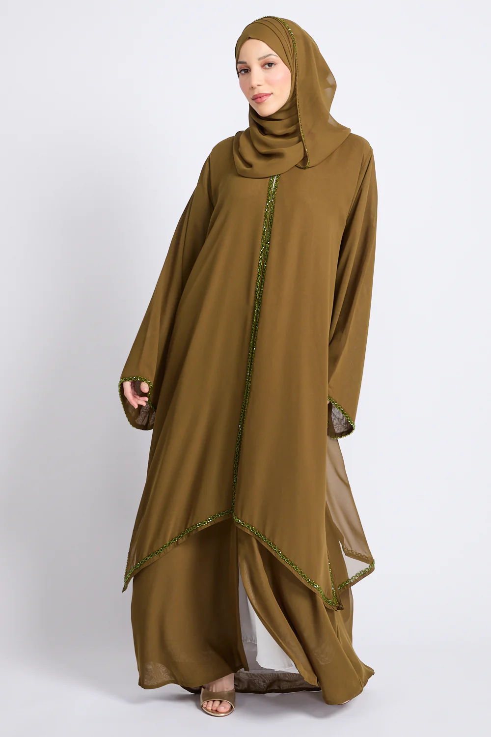 Luxury Embellished Chain Chiffon Layered Open Abaya - Bronzed Olive - Image 3