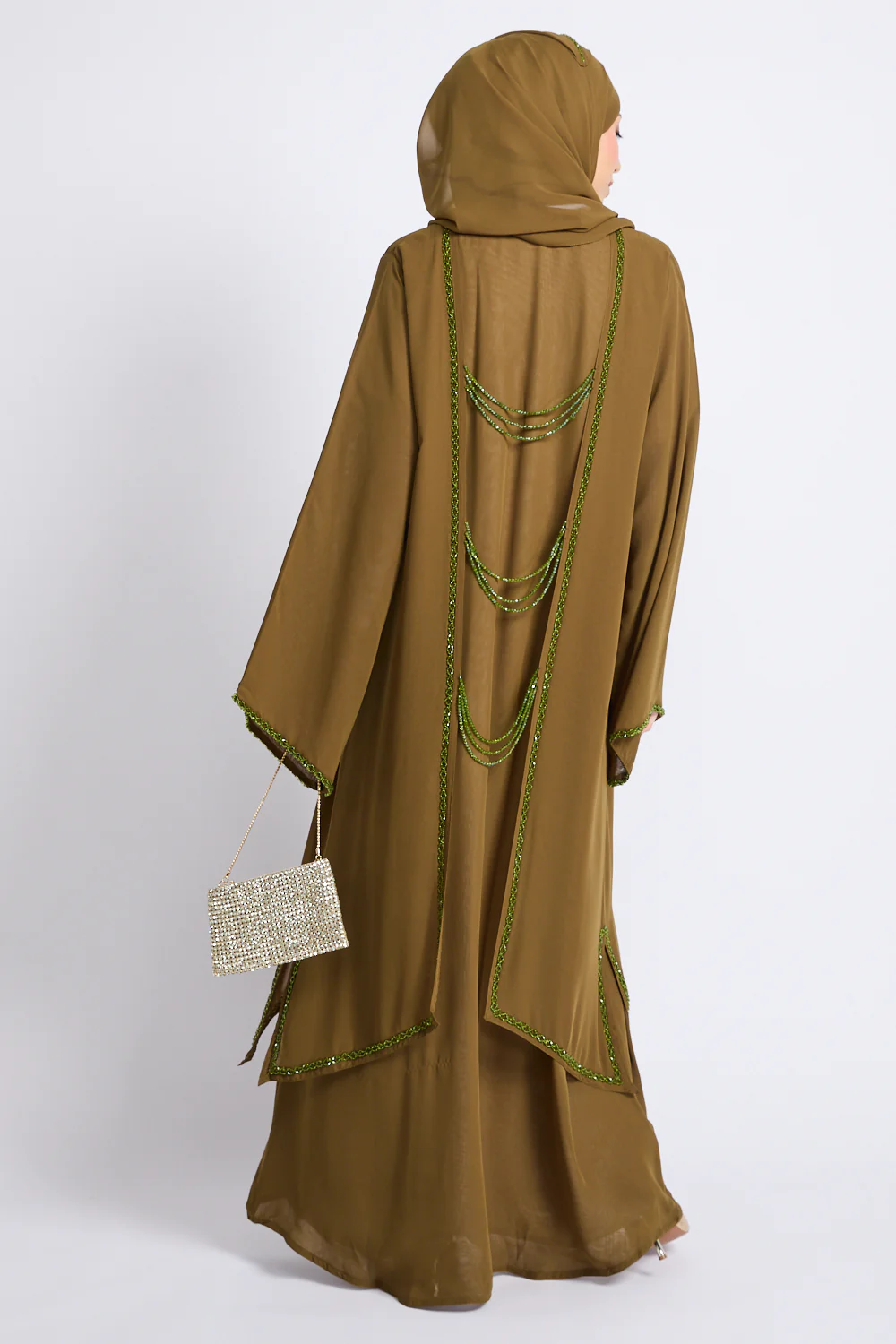 Luxury Embellished Chain Chiffon Layered Open Abaya - Bronzed Olive - Image 4