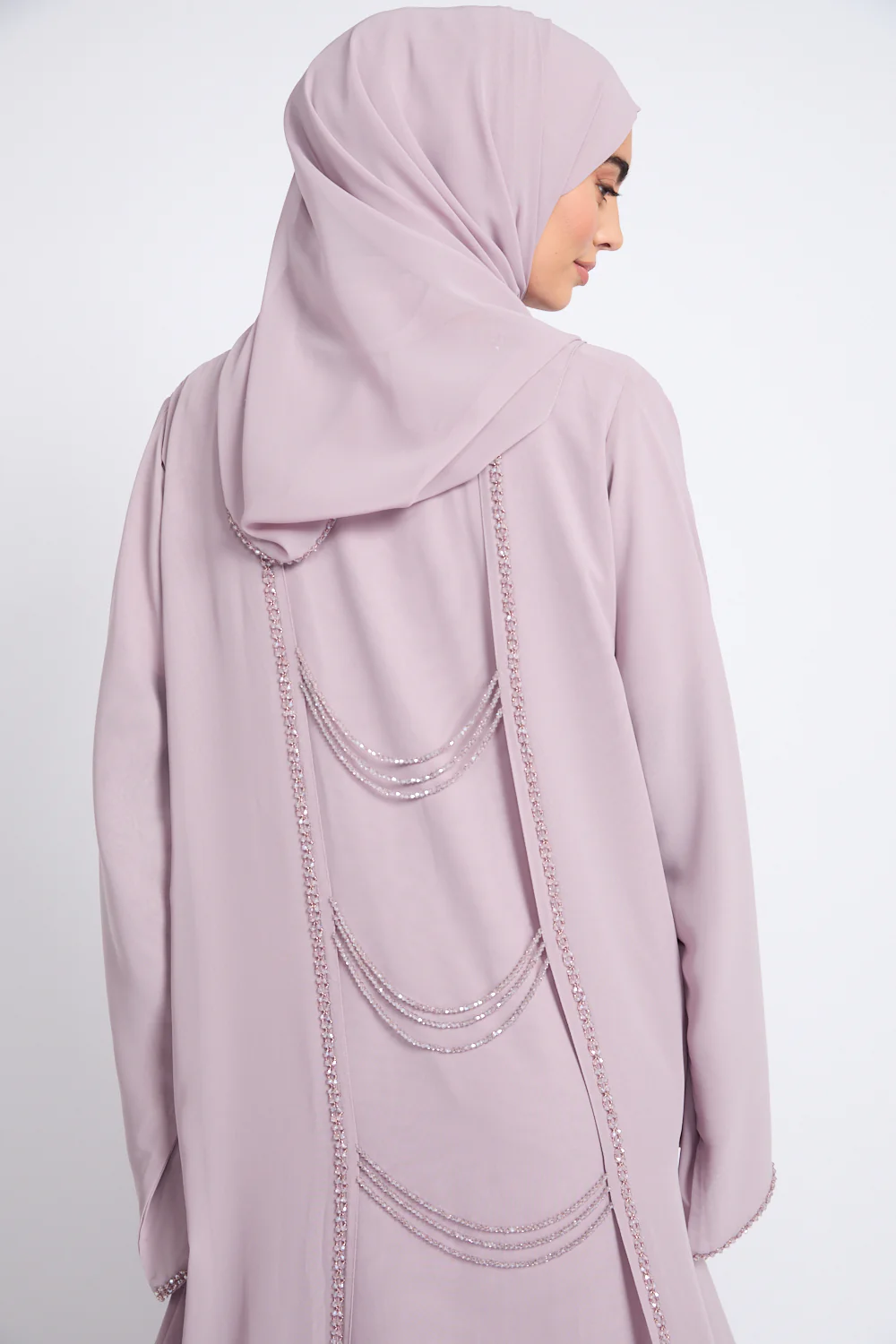 Luxury Embellished Chain Chiffon Layered Open Abaya - Rosaline - Image 2