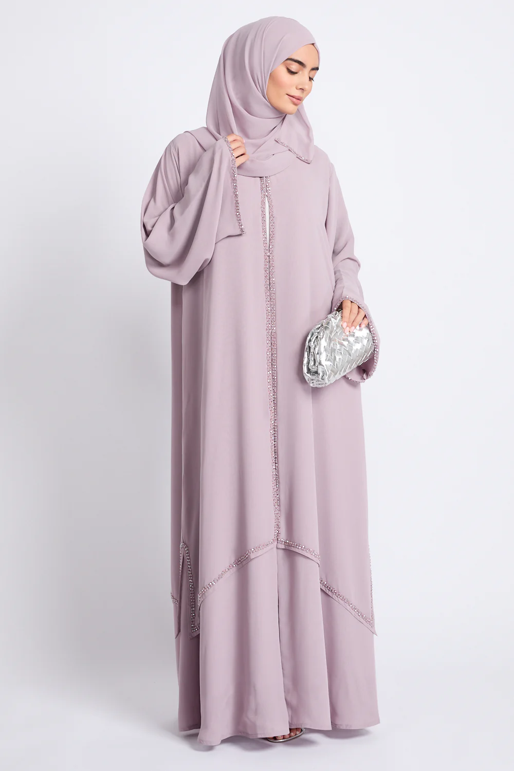 Luxury Embellished Chain Chiffon Layered Open Abaya - Rosaline - Image 3