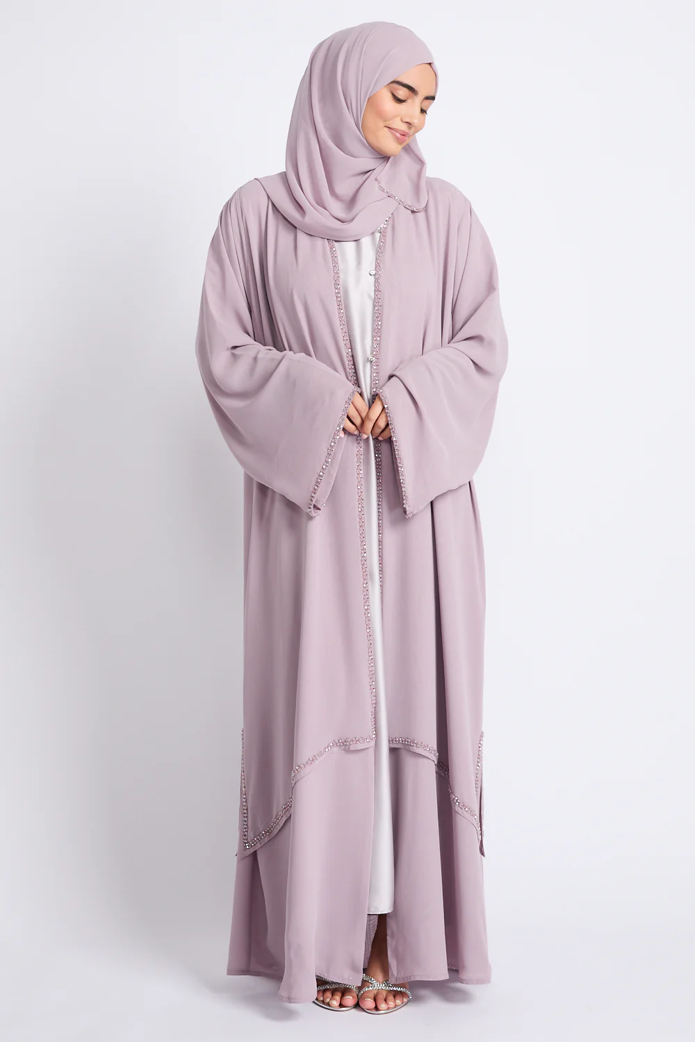Luxury Embellished Chain Chiffon Layered Open Abaya - Rosaline - Image 5