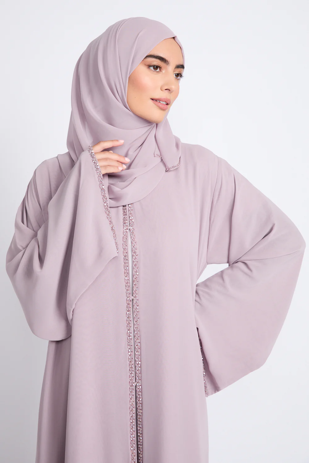 Luxury Embellished Chain Chiffon Layered Open Abaya - Rosaline - Image 7