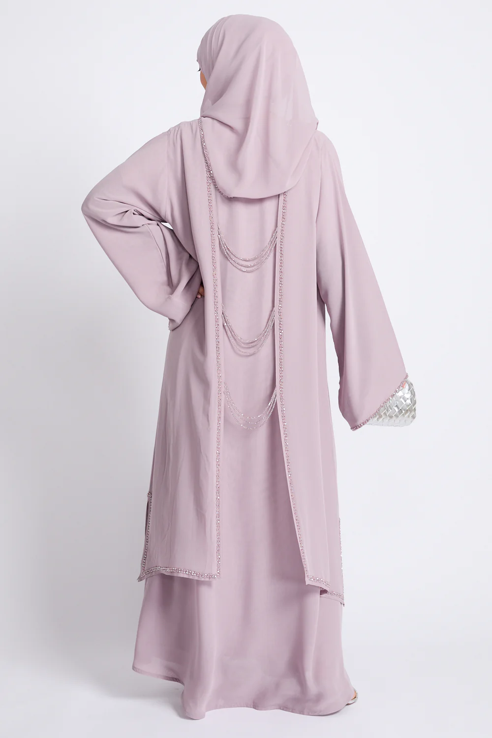 Luxury Embellished Chain Chiffon Layered Open Abaya - Rosaline - Image 8