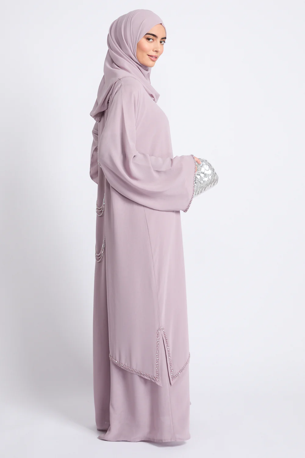 Luxury Embellished Chain Chiffon Layered Open Abaya - Rosaline - Image 9