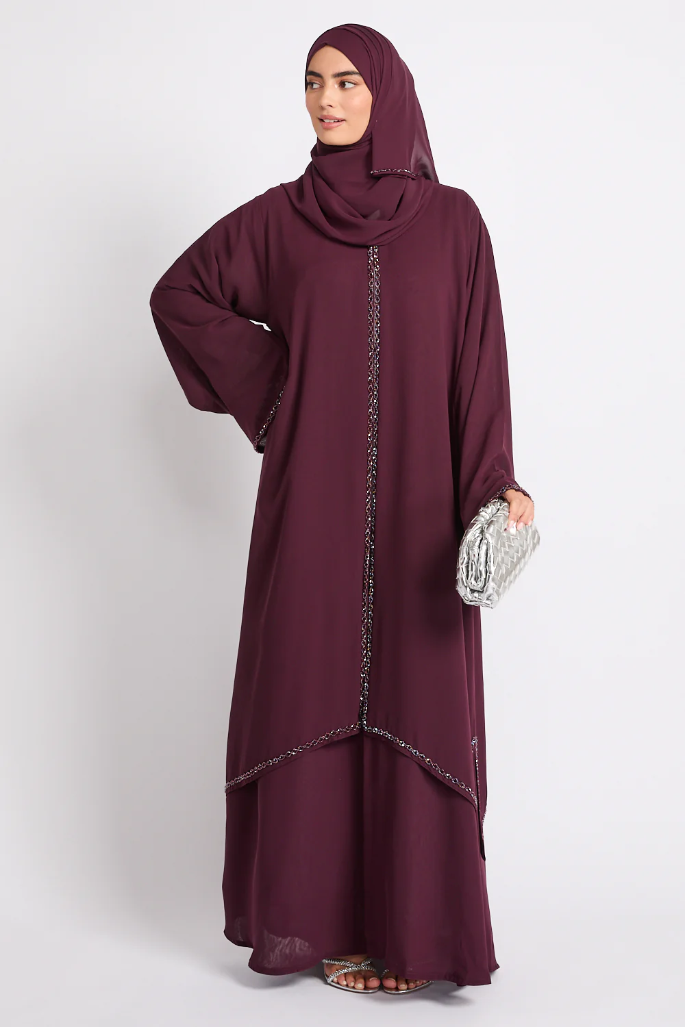 Luxury Embellished Chain Chiffon Layered Open Abaya - Royal Berry - Image 3