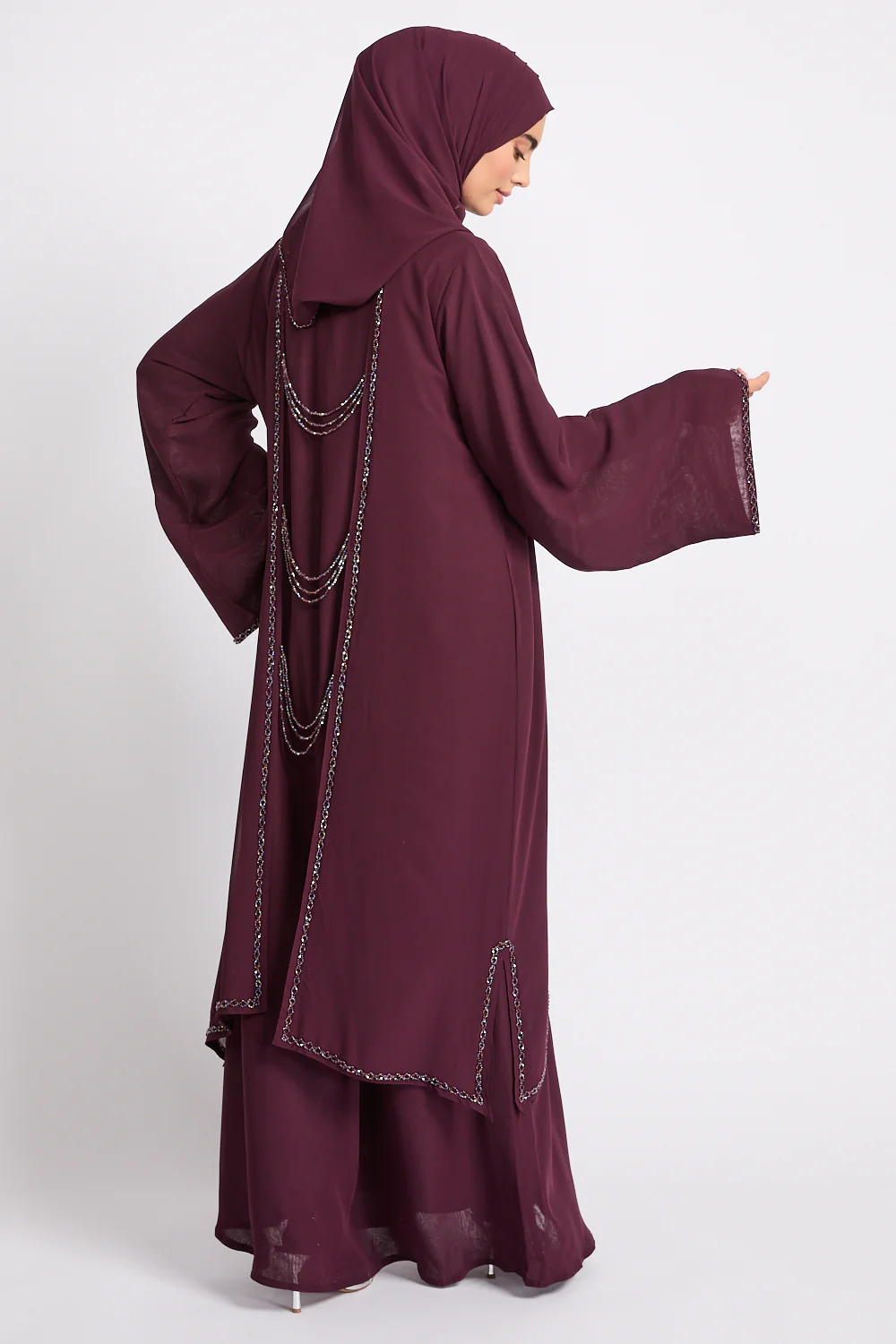 Luxury Embellished Chain Chiffon Layered Open Abaya - Royal Berry - Image 4