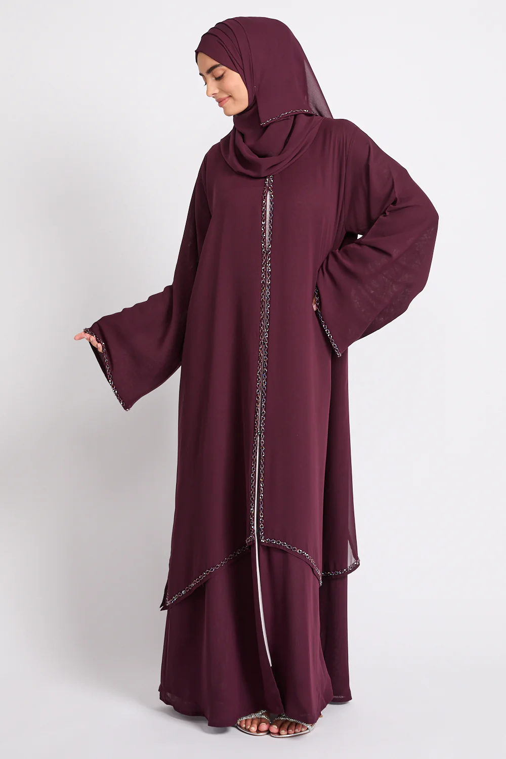 Luxury Embellished Chain Chiffon Layered Open Abaya - Royal Berry - Image 5