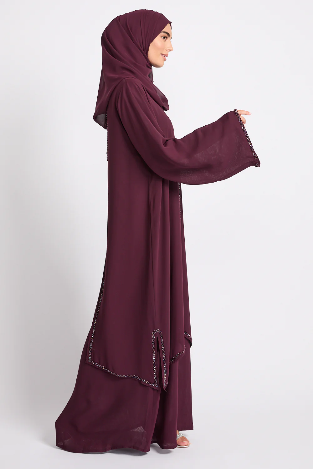 Luxury Embellished Chain Chiffon Layered Open Abaya - Royal Berry - Image 7