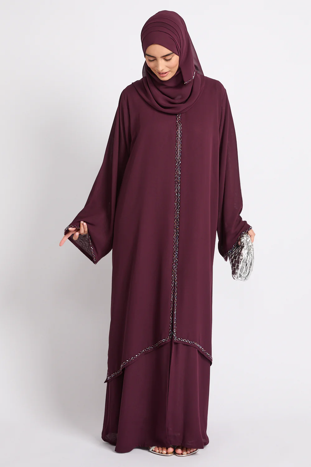 Luxury Embellished Chain Chiffon Layered Open Abaya - Royal Berry - Image 9