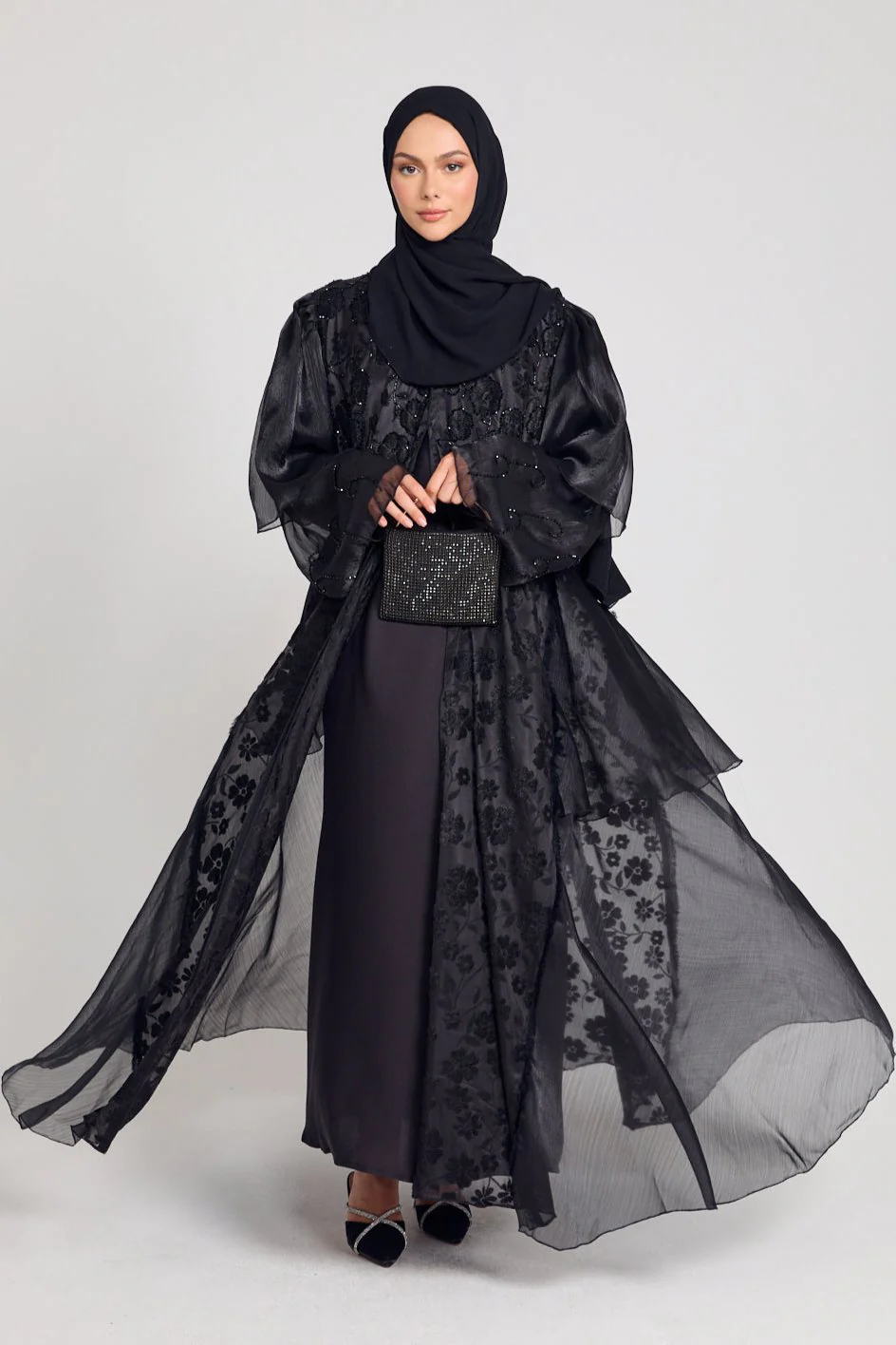 Luxury Embellished Floral Lace Open Abaya with Organza Detailing