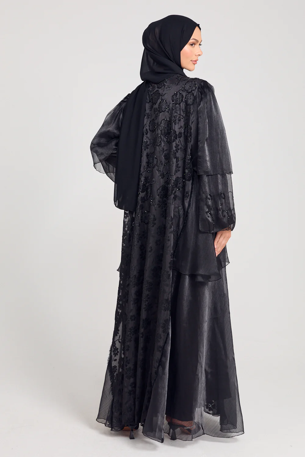 Luxury Embellished Floral Lace Open Abaya with Organza Detailing - Image 11