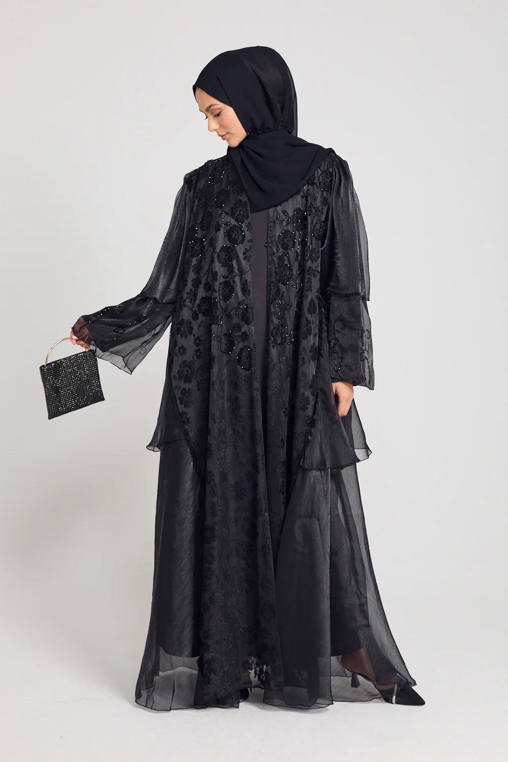 Luxury Embellished Floral Lace Open Abaya with Organza Detailing - Image 3