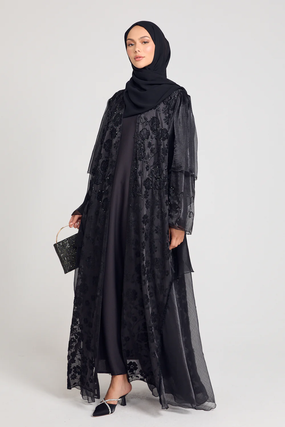 Luxury Embellished Floral Lace Open Abaya with Organza Detailing - Image 5