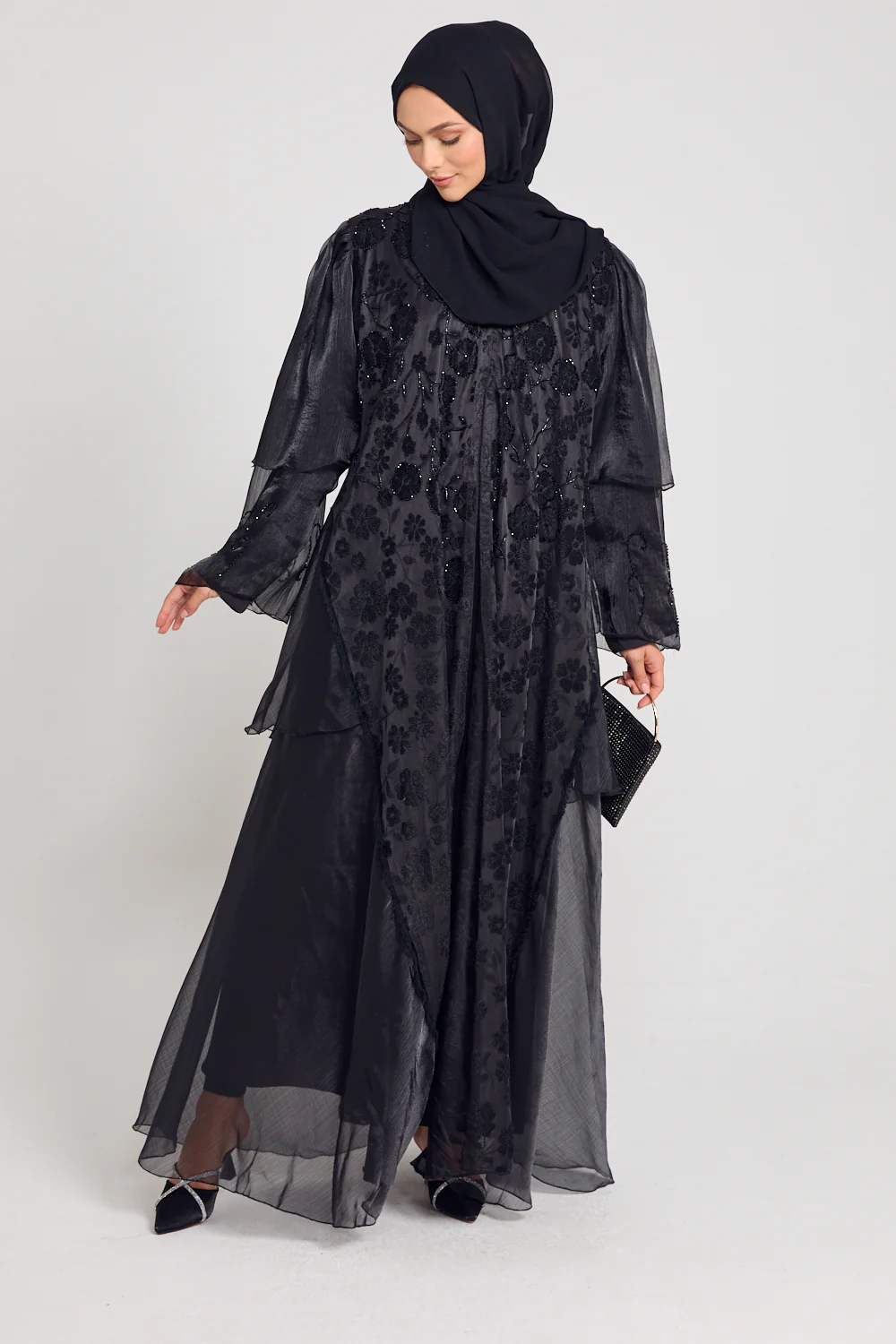 Luxury Embellished Floral Lace Open Abaya with Organza Detailing - Image 6