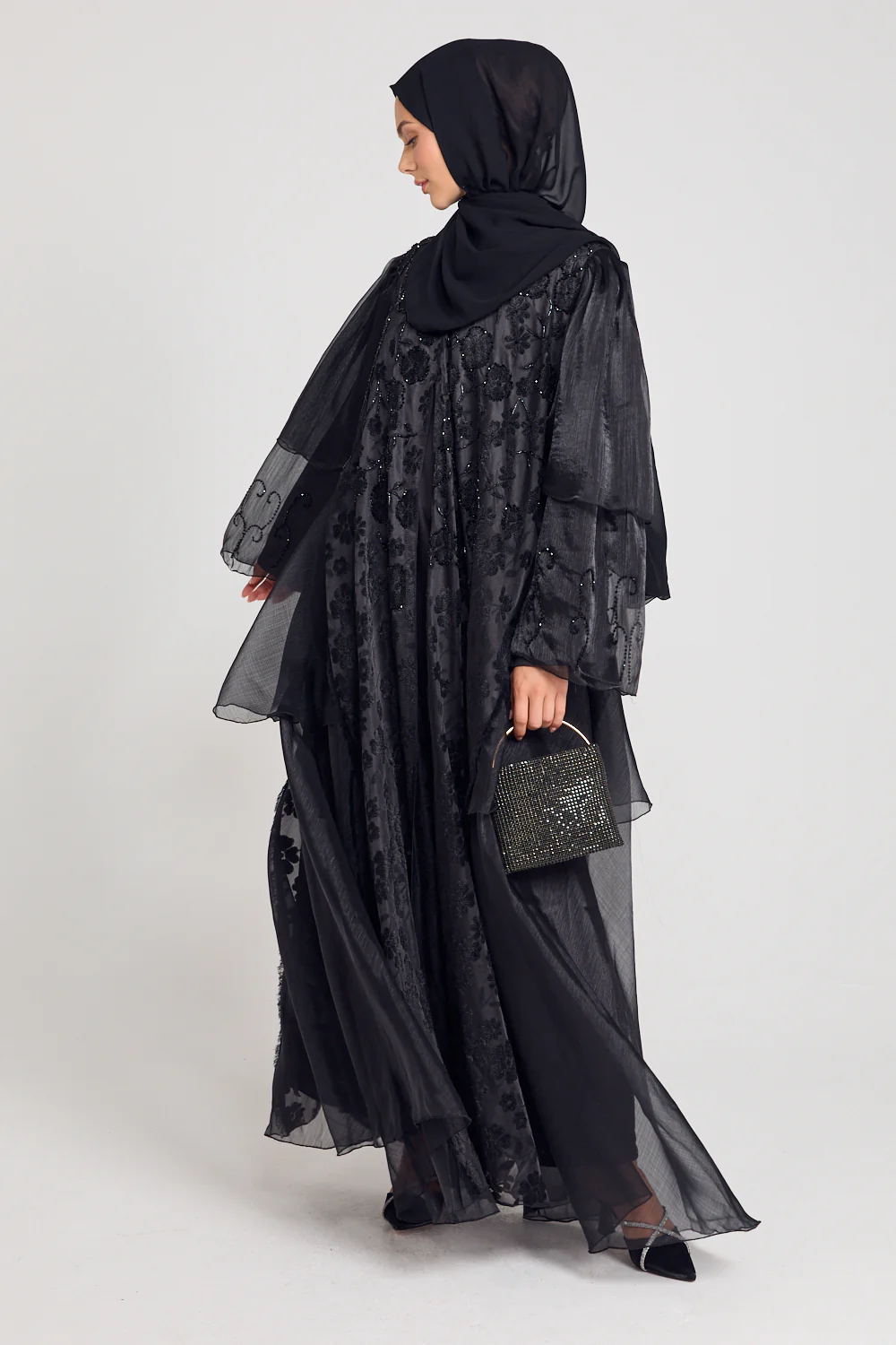 Luxury Embellished Floral Lace Open Abaya with Organza Detailing - Image 7