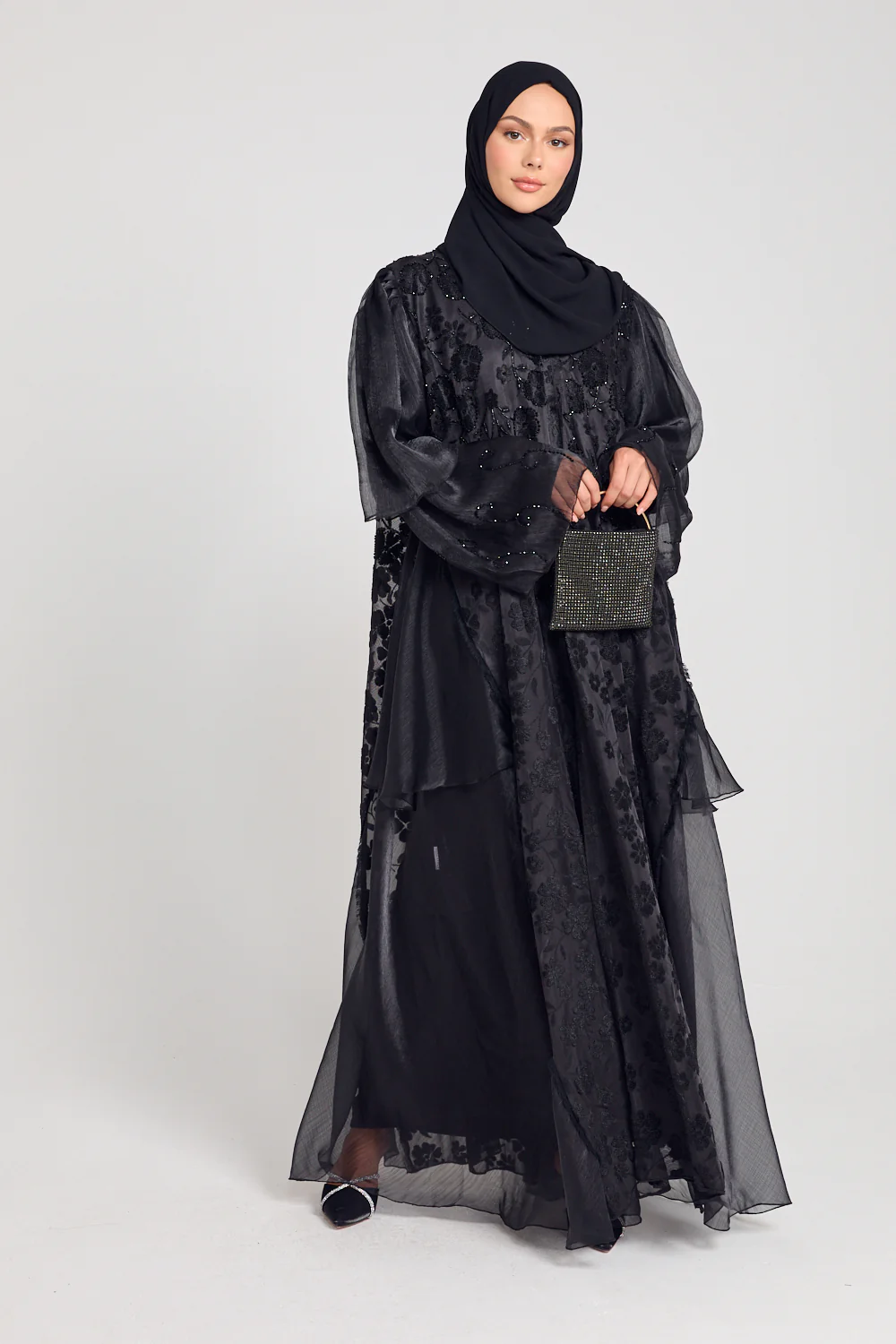 Luxury Embellished Floral Lace Open Abaya with Organza Detailing - Image 8