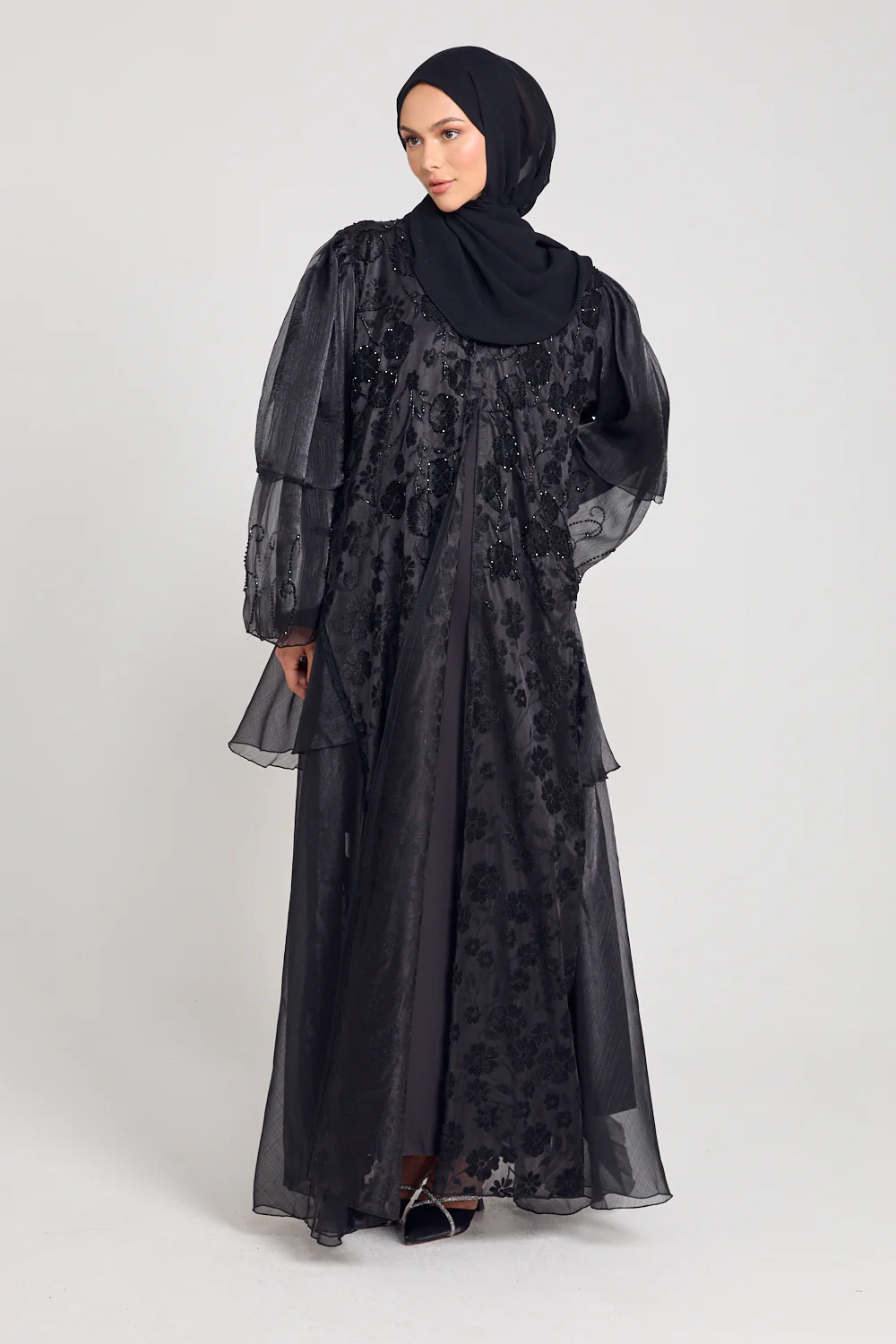 Luxury Embellished Floral Lace Open Abaya with Organza Detailing - Image 9