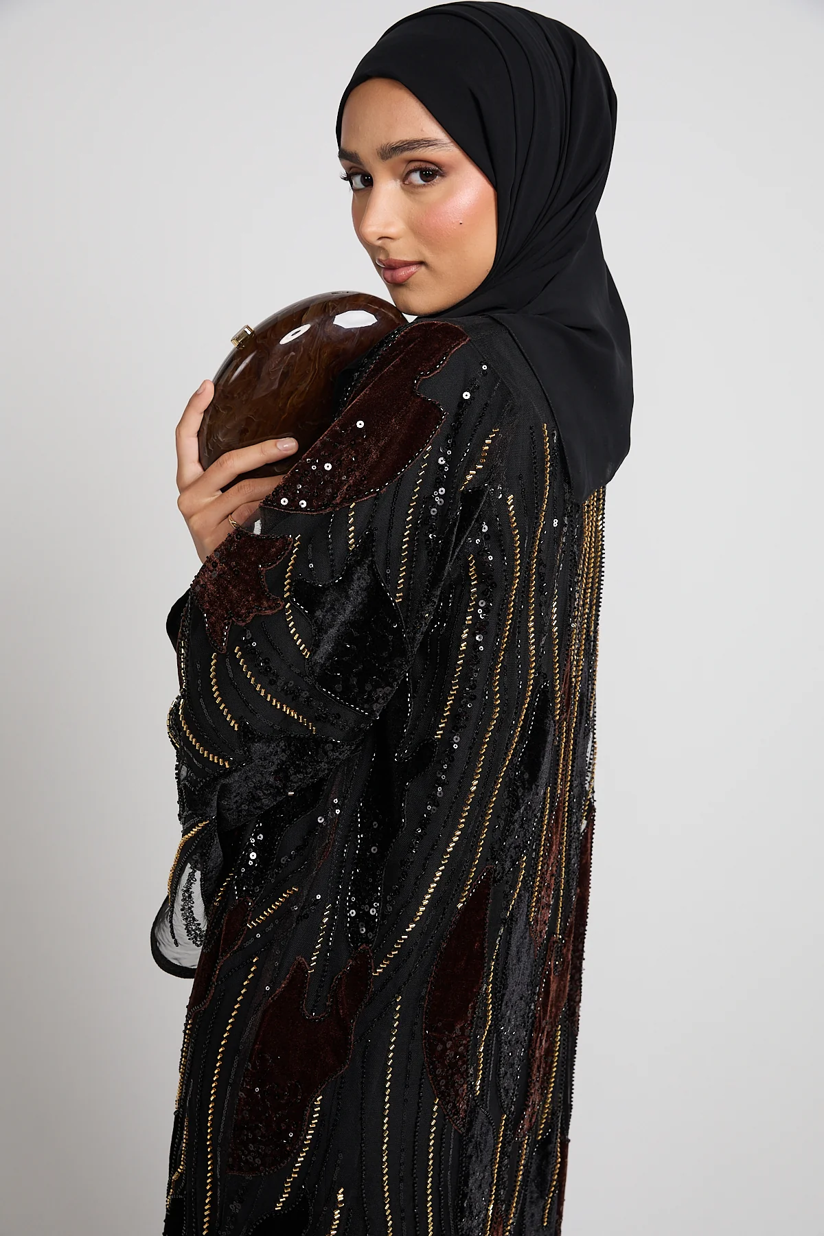 Luxury Espresso Bronze Petal Three Piece Abaya Set - LIMITED EDITION - Image 2