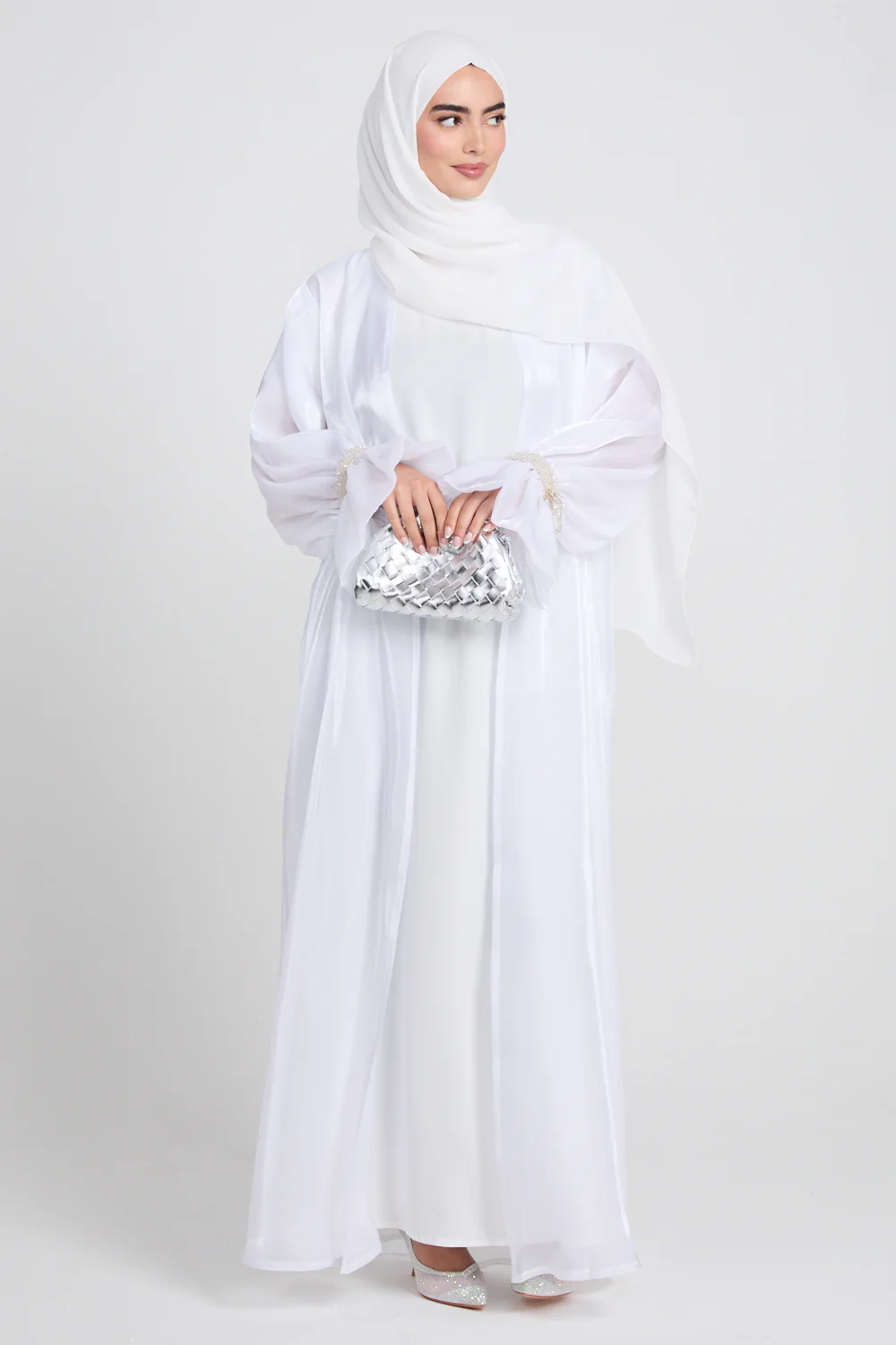 Luxury Three Piece Embellished Cuff Organza Abaya Set - White