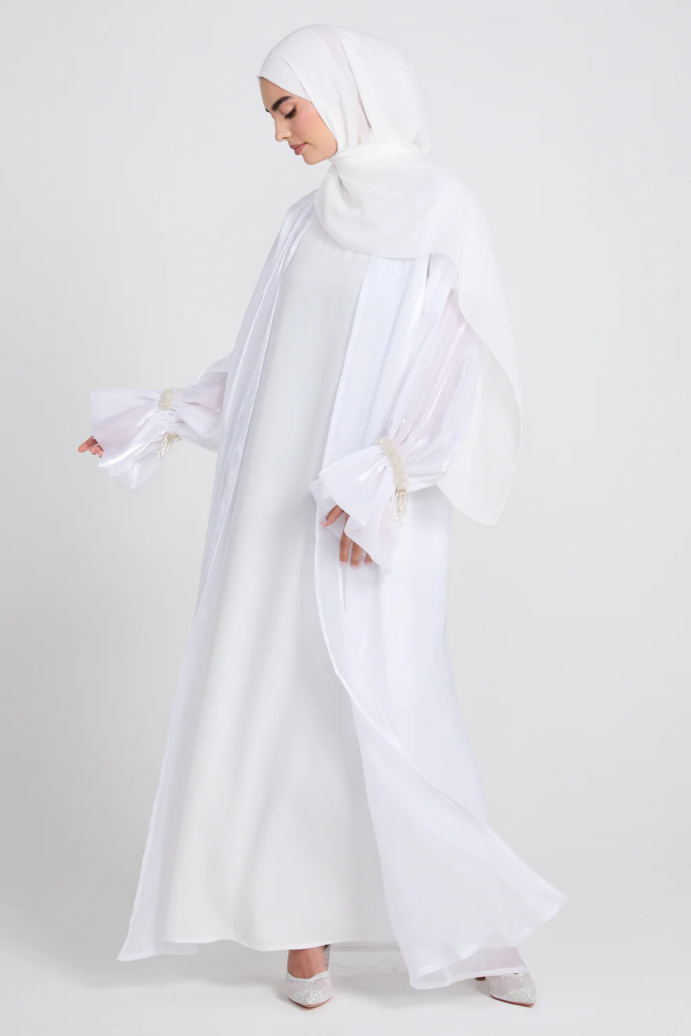 Luxury Three Piece Embellished Cuff Organza Abaya Set - White - Image 3
