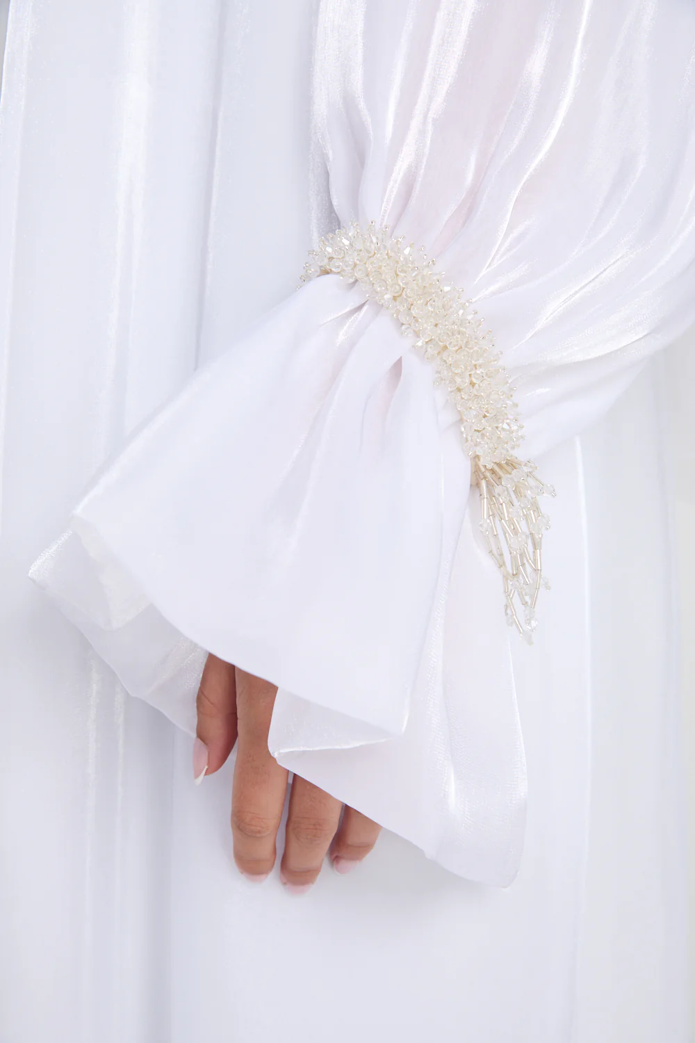 Luxury Three Piece Embellished Cuff Organza Abaya Set - White - Image 4