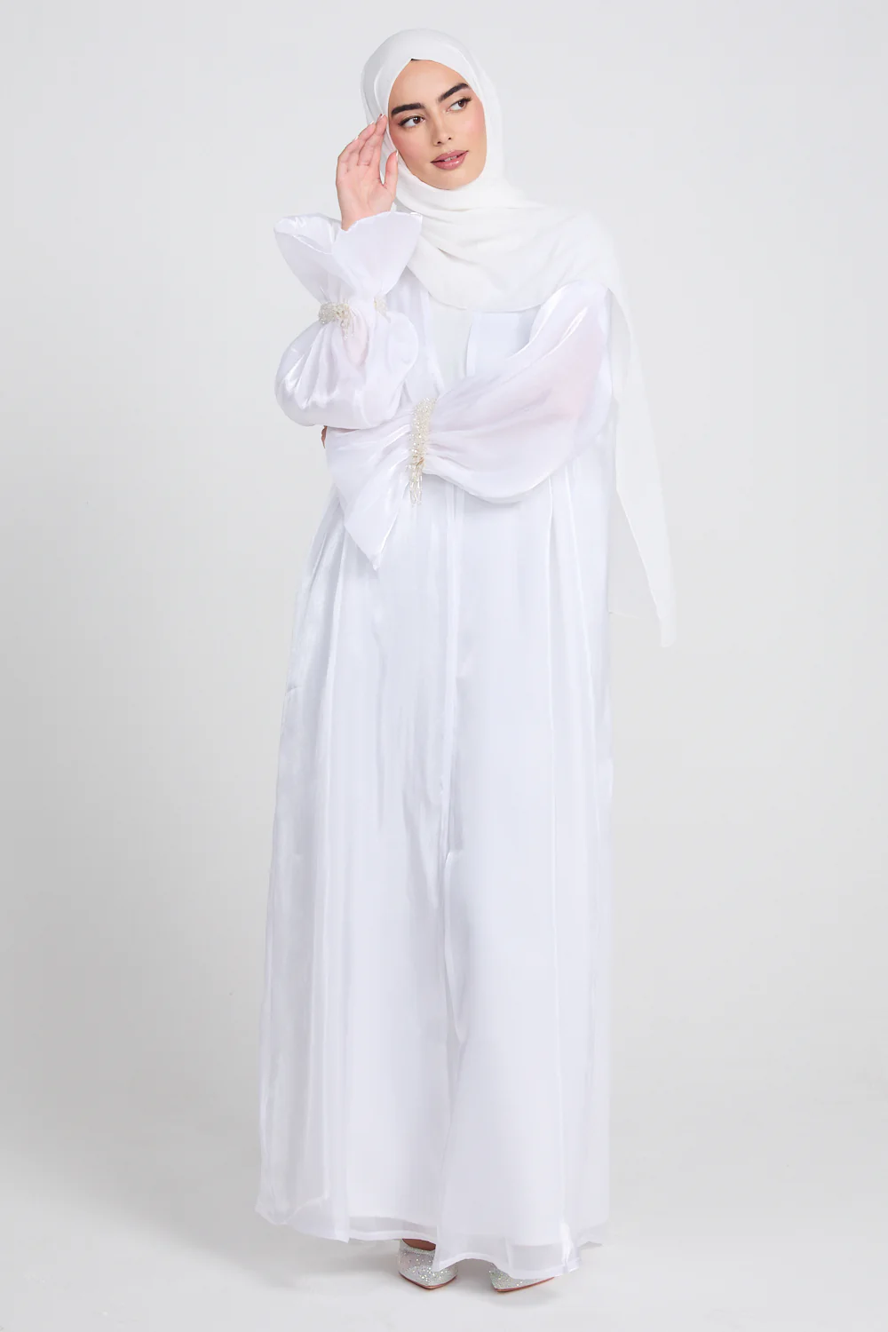 Luxury Three Piece Embellished Cuff Organza Abaya Set - White - Image 5