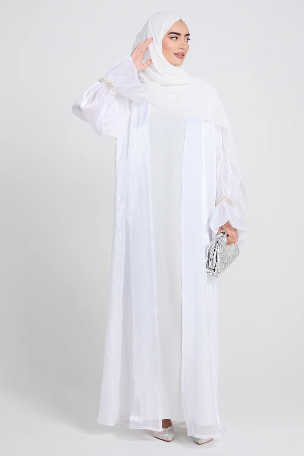 Luxury Three Piece Embellished Cuff Organza Abaya Set - White - Image 6