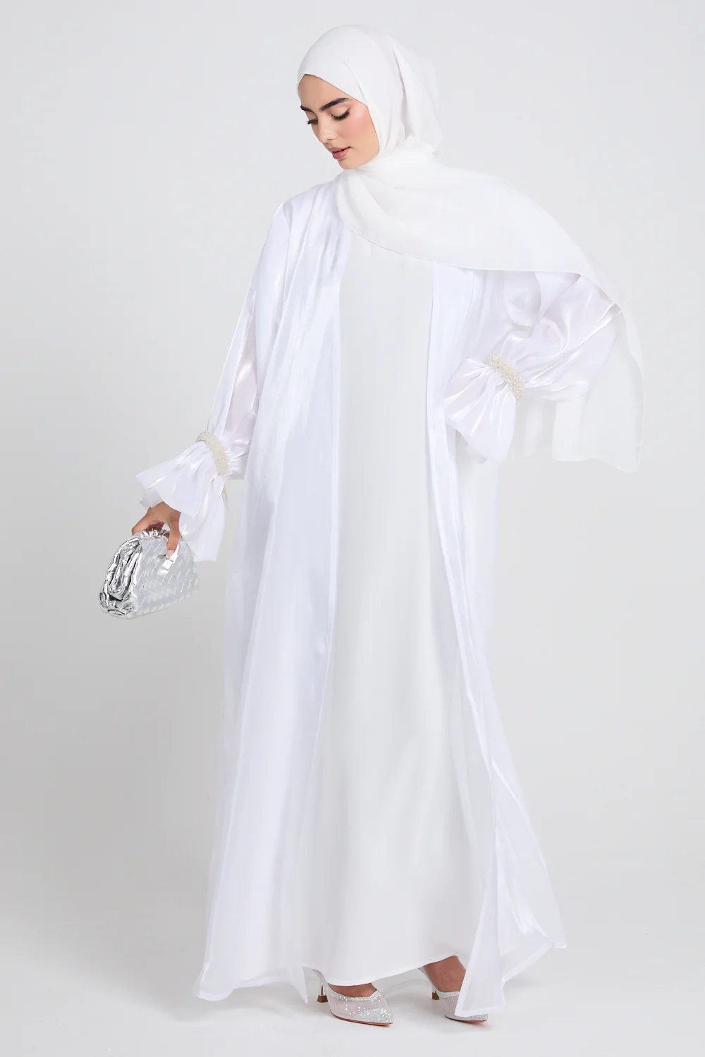 Luxury Three Piece Embellished Cuff Organza Abaya Set - White - Image 7