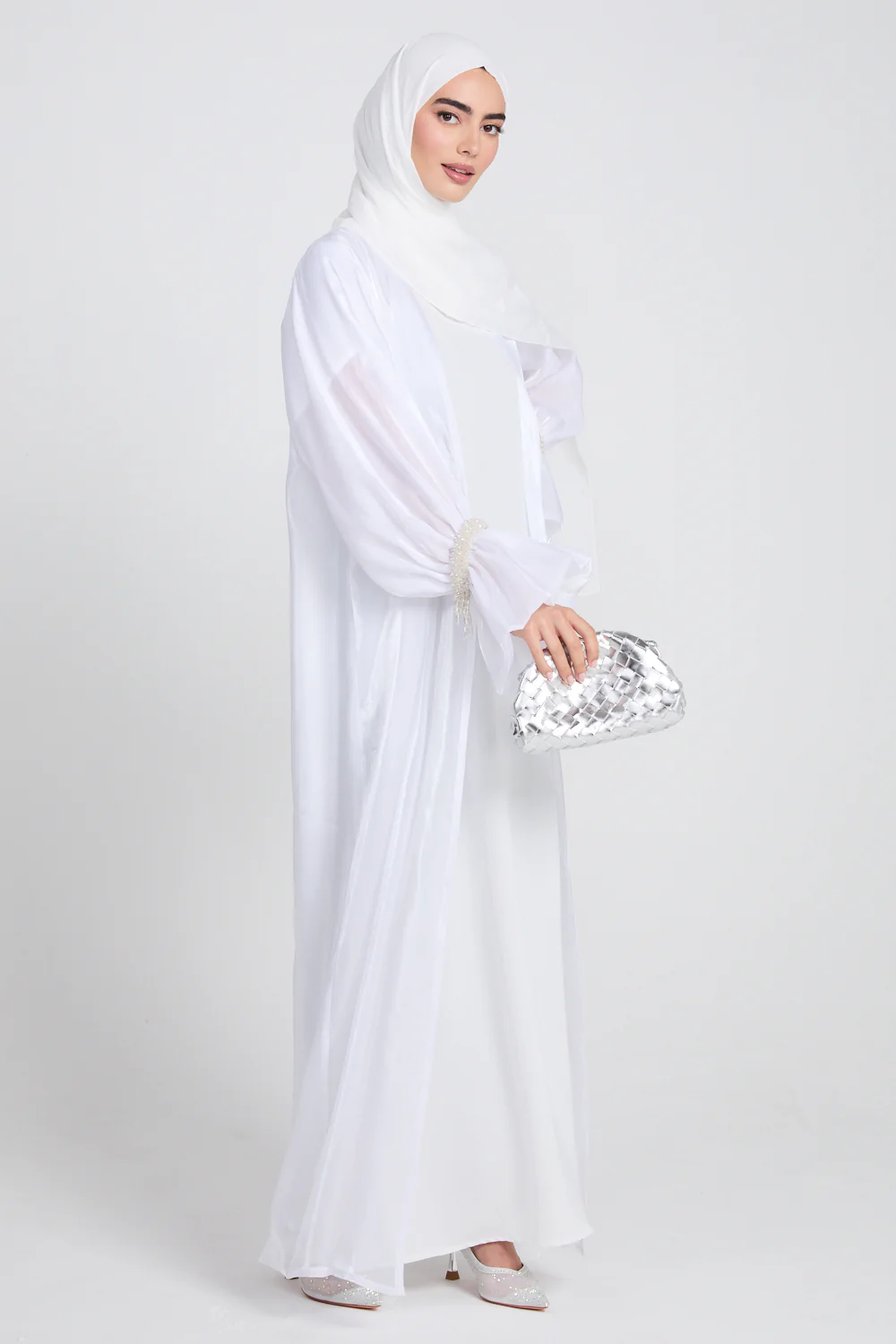 Luxury Three Piece Embellished Cuff Organza Abaya Set - White - Image 8