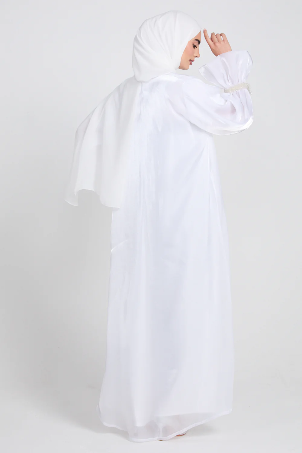 Luxury Three Piece Embellished Cuff Organza Abaya Set - White - Image 9