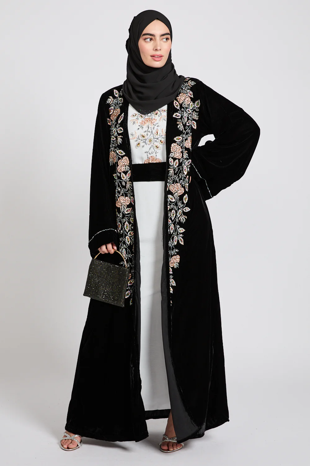 Luxury Four Piece Velvet Embellished Open Abaya Set - Black