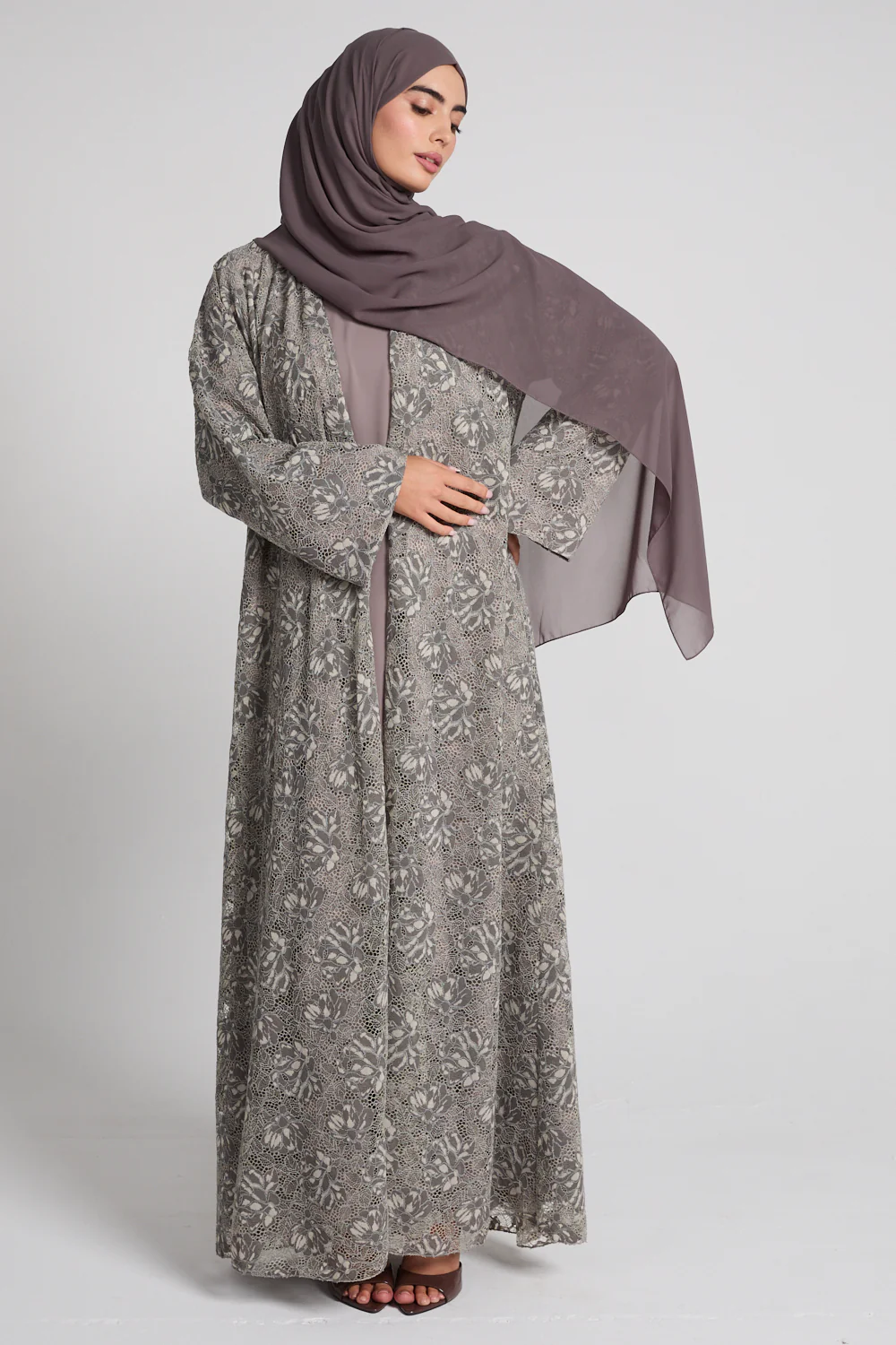 Luxury French Lace Open Abaya - Mocha Mist - LIMITED EDITION