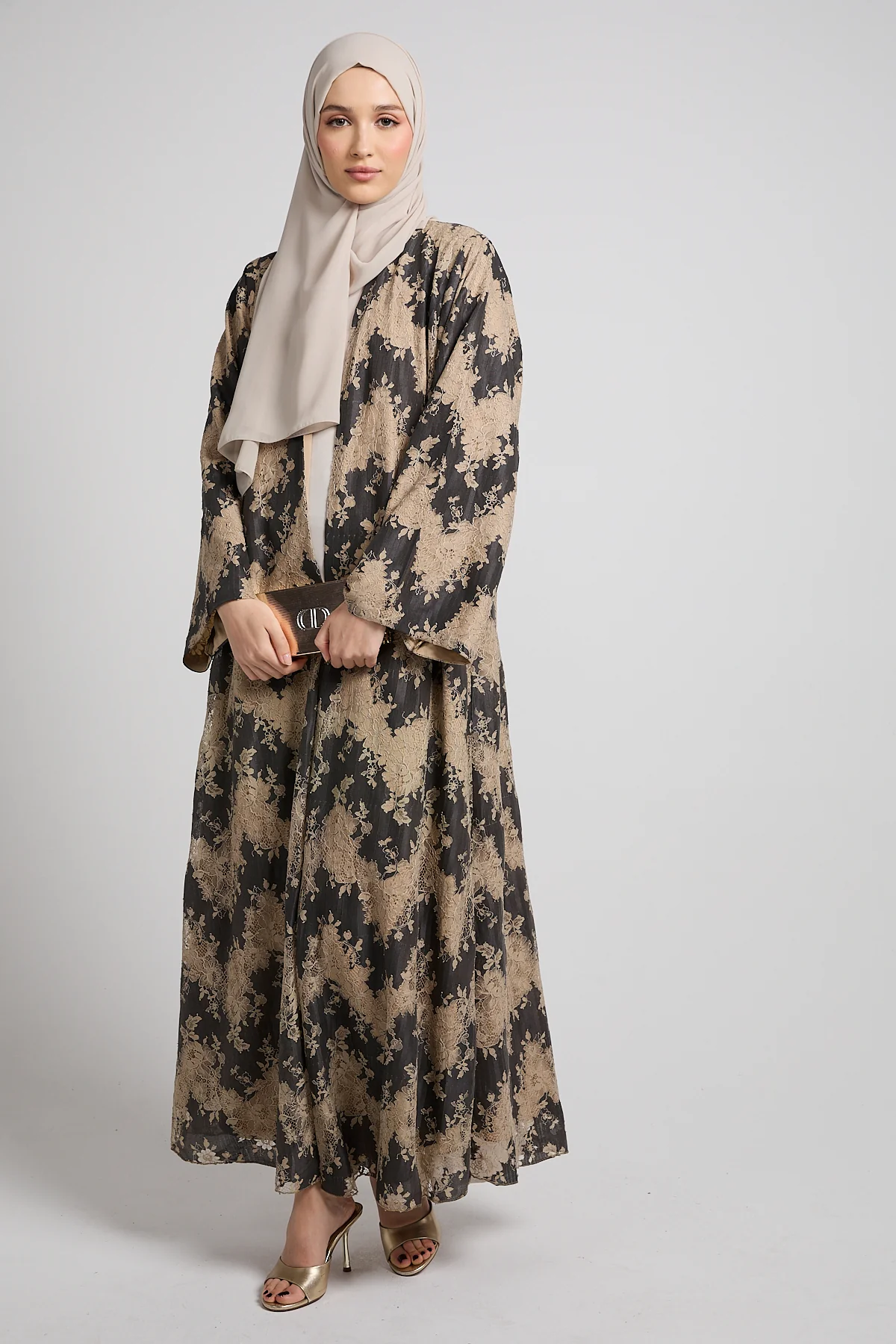 Luxury French Lace Open Abaya - Smoky Beige - LIMITED EDITION