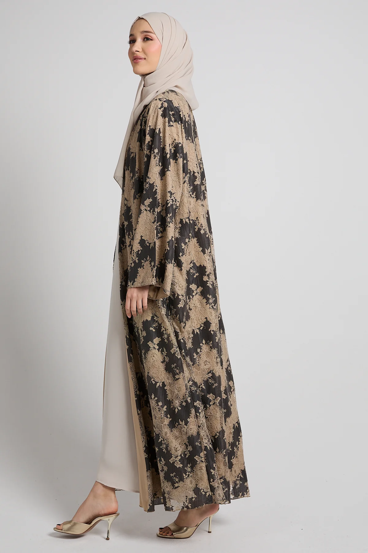 Luxury French Lace Open Abaya - Smoky Beige - LIMITED EDITION - Image 3