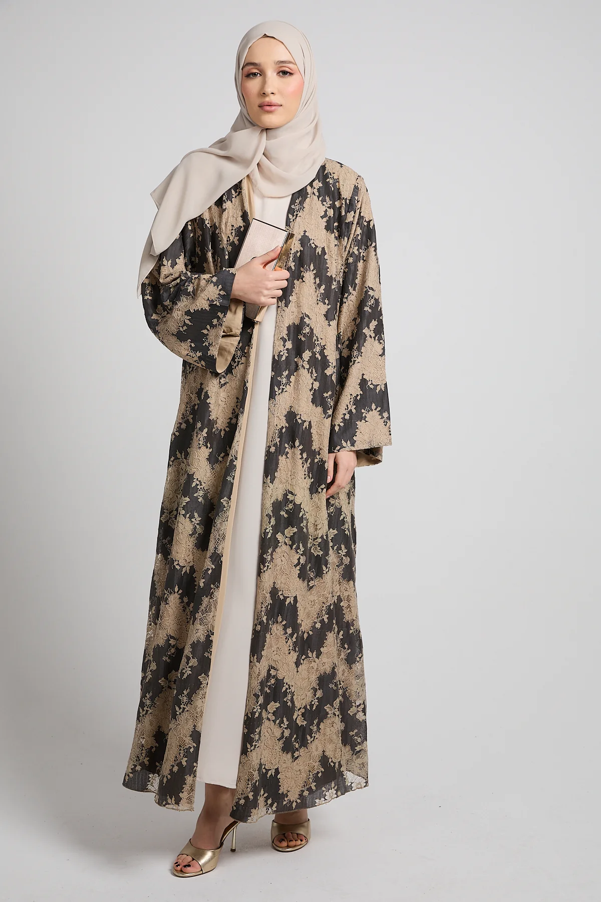 Luxury French Lace Open Abaya - Smoky Beige - LIMITED EDITION - Image 4