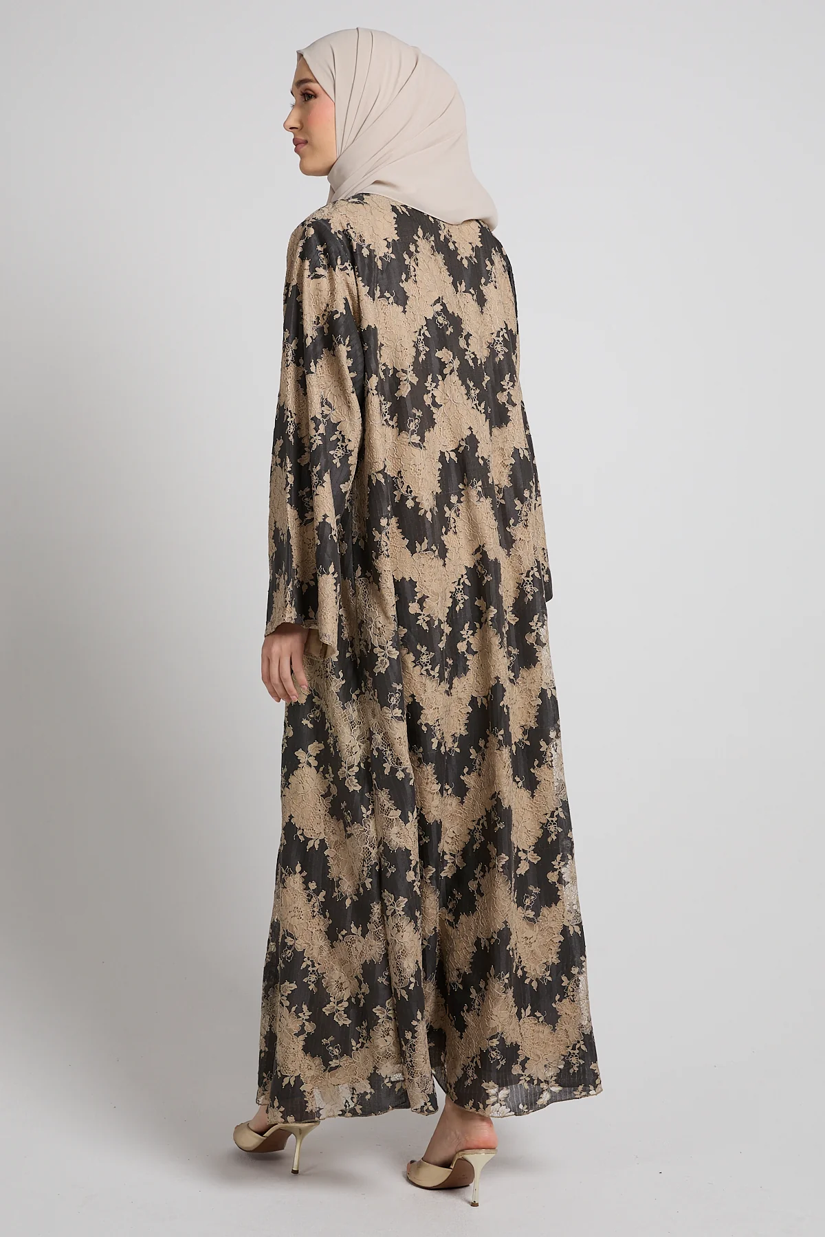 Luxury French Lace Open Abaya - Smoky Beige - LIMITED EDITION - Image 5