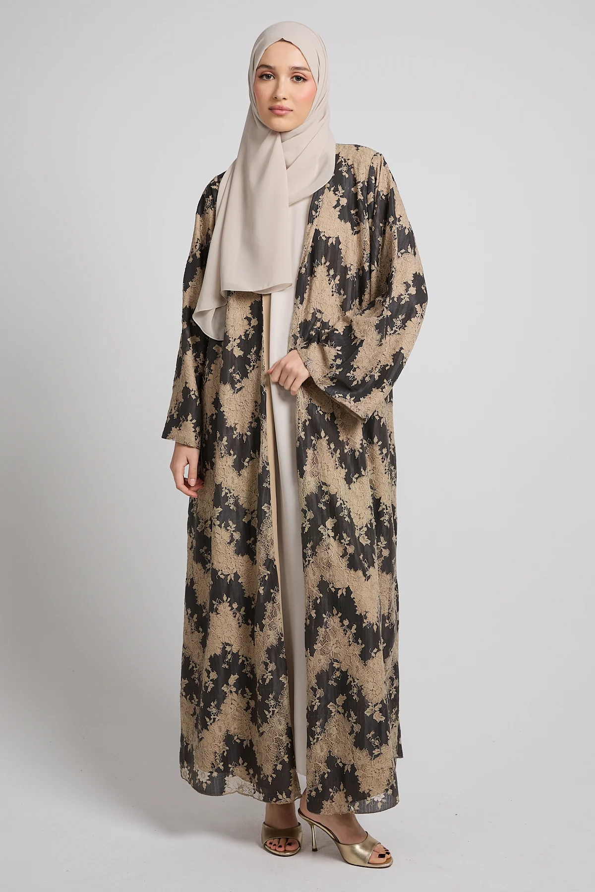 Luxury French Lace Open Abaya - Smoky Beige - LIMITED EDITION - Image 6